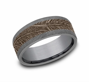 Gray Tantalum And 14K Rose Gold The Kestrel Feather Patterned 8mm Wedding Band