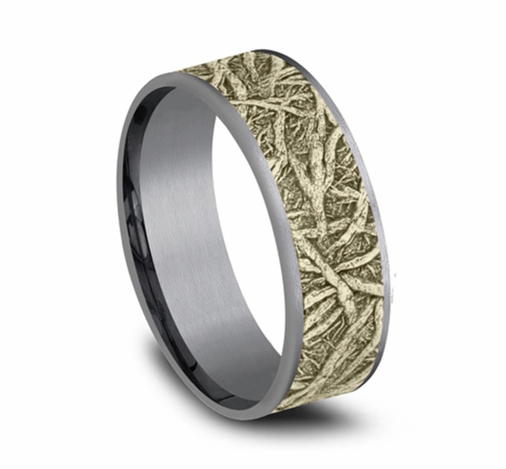Gray Tantalum And 14K Yellow Gold The Arko Tree Roots Patterned 7.5mm Wedding Band