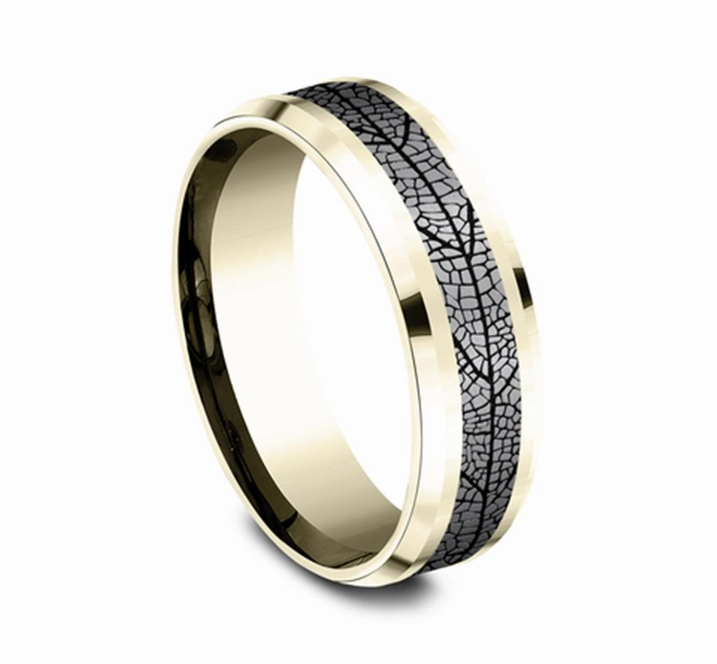 Gray Tantalum And 14K Yellow Gold The Bryce Leaf Patterned 7mm Wedding Band