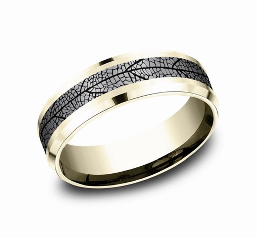 Gray Tantalum And 14K Yellow Gold The Bryce Leaf Patterned 7mm Wedding Band