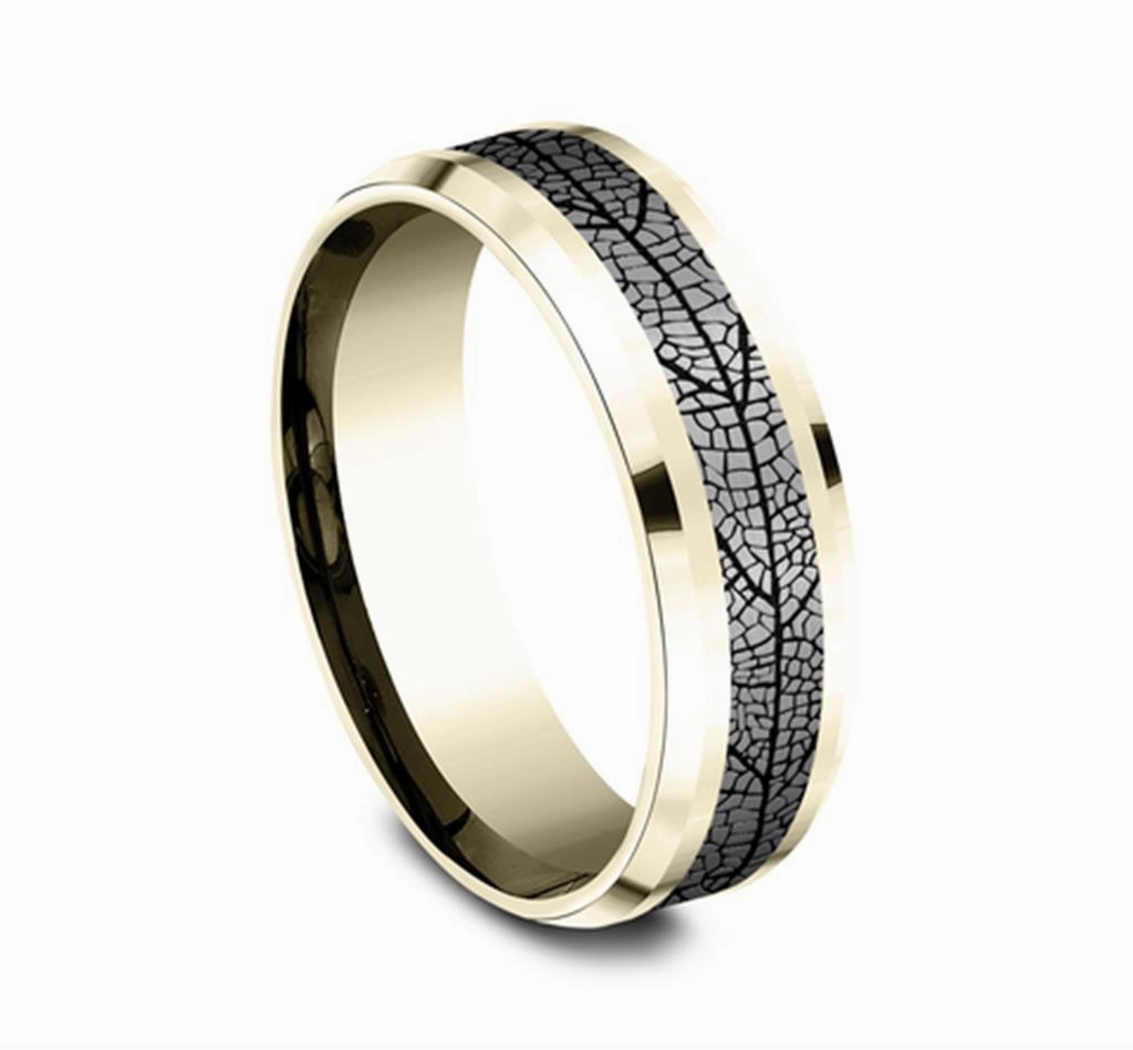 Gray Tantalum And 14K Yellow Gold The Bryce Leaf Patterned 7mm Wedding Band