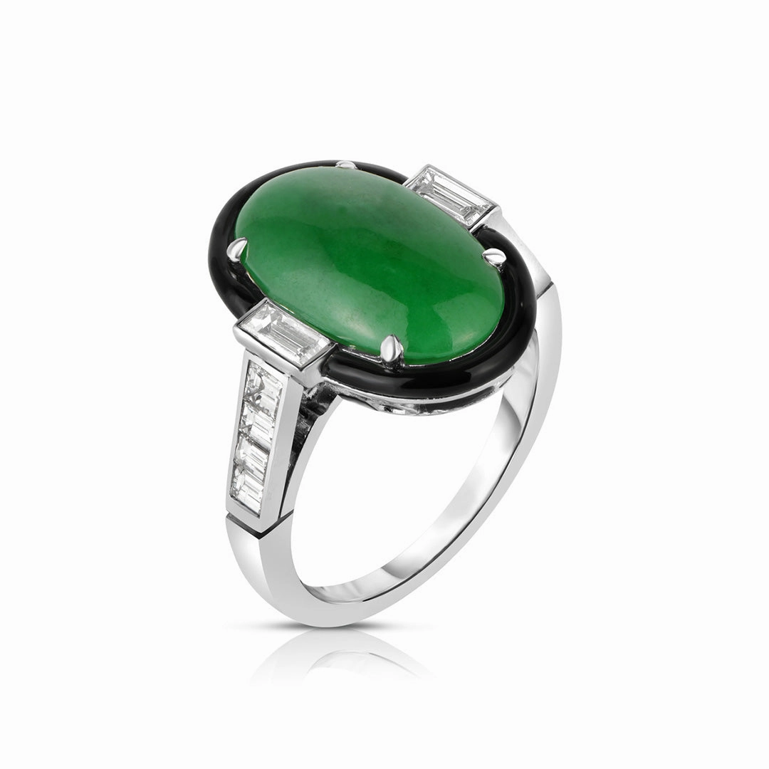 Green Jade Oval, Black Enamel & Emerald-Cut Diamond Ring