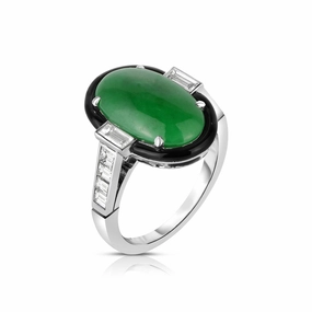 Green Jade Oval, Black Enamel & Emerald-Cut Diamond Ring