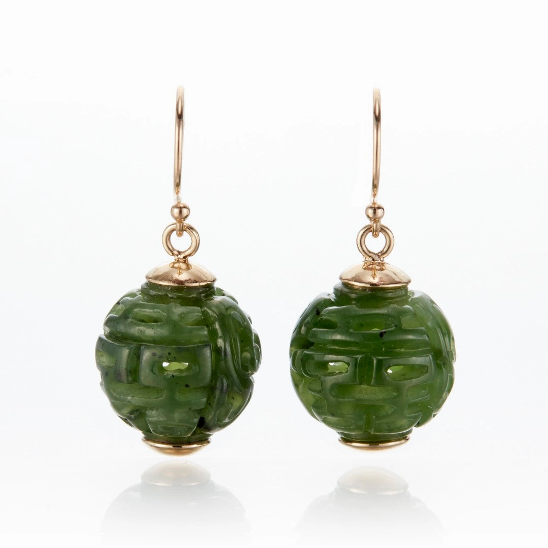 Green Nephrite Jade Dragon Ball Earrings