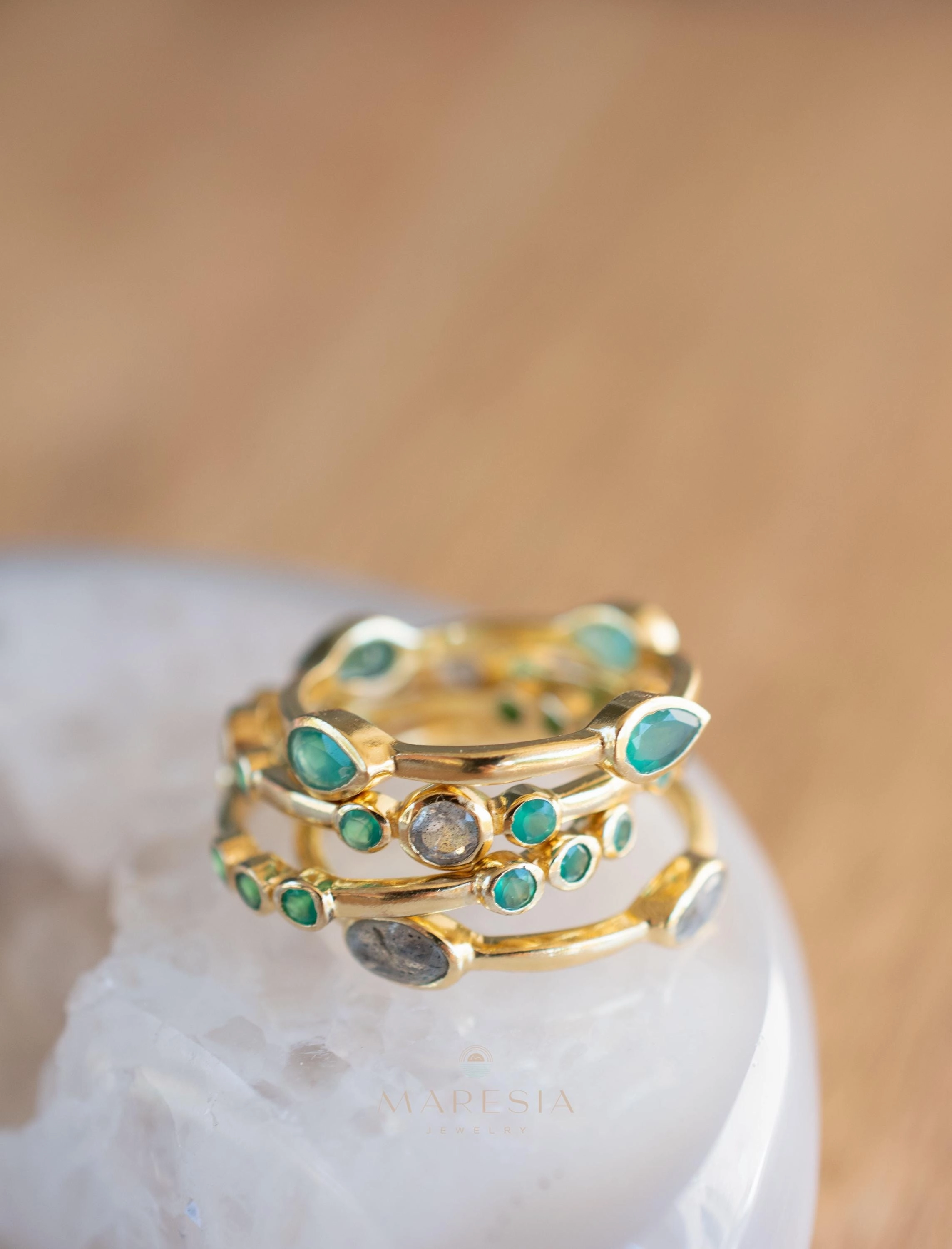 Green Onyx & Labradorite Ring ~ 18k Gold Plated ~ MR341