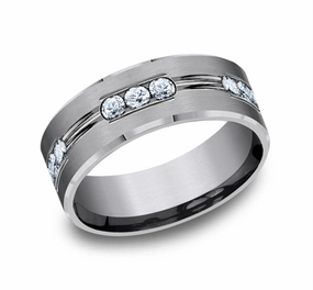 Grey Tantalum 8mm Beveled Wedding Band With Diamonds