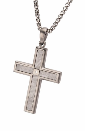 Gun Metal IP Steel Gunmetal Finish Meteorite Inlay With Lab Grown Diamond Cross Pendant Necklace