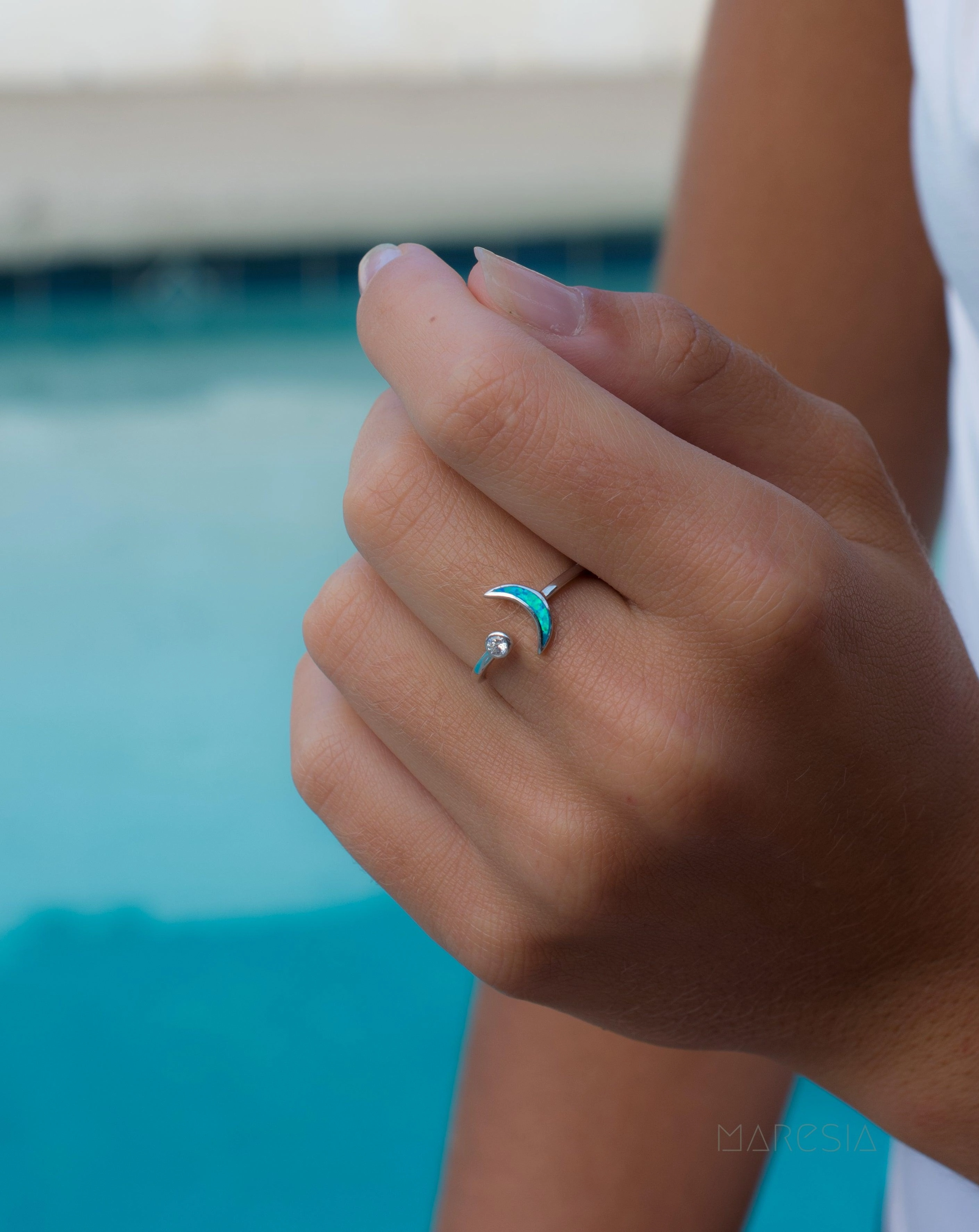 Half Moon & Star Blue Opal Ring ~Sterling Silver 925~ SMR048