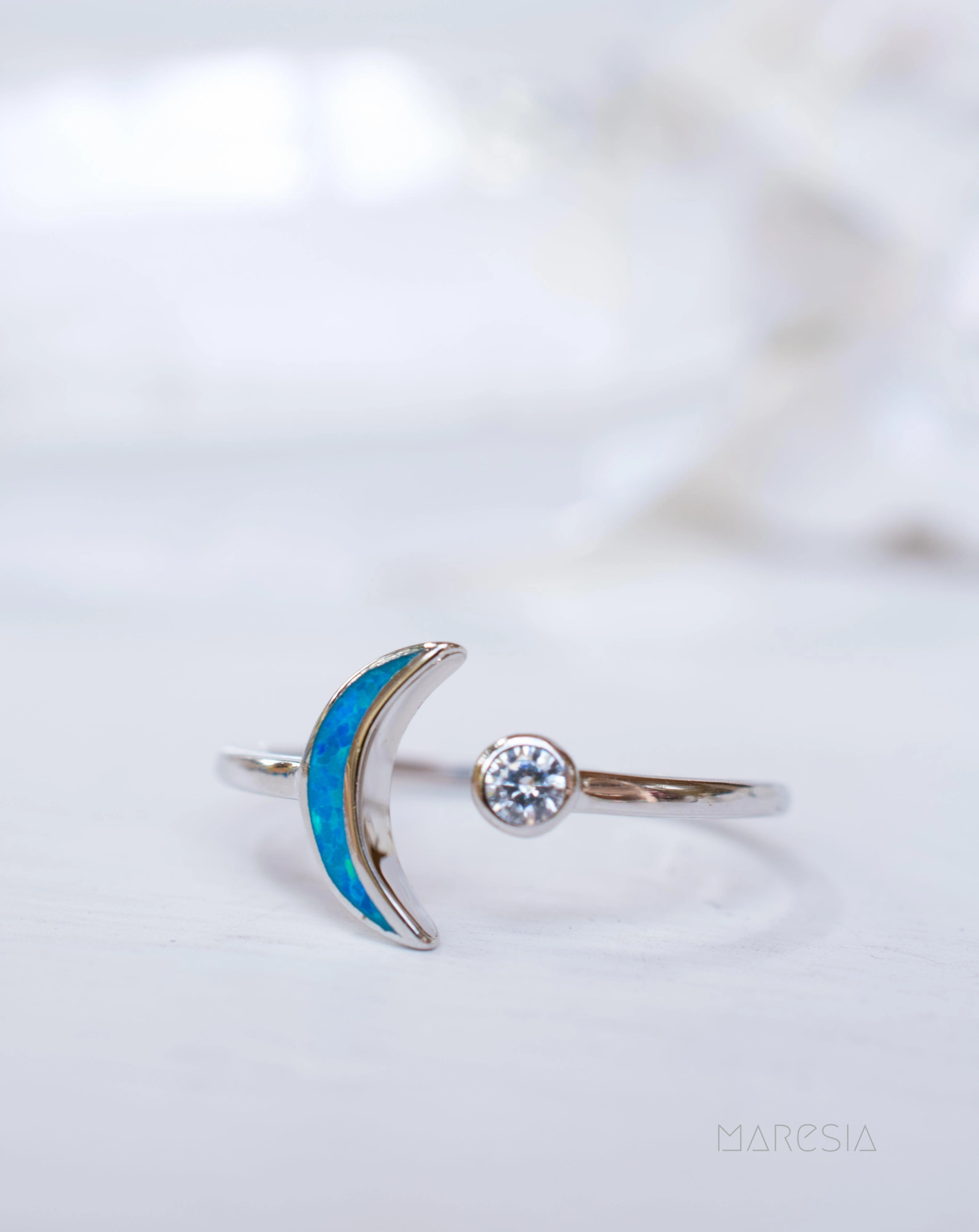 Half Moon & Star Blue Opal Ring ~Sterling Silver 925~ SMR048