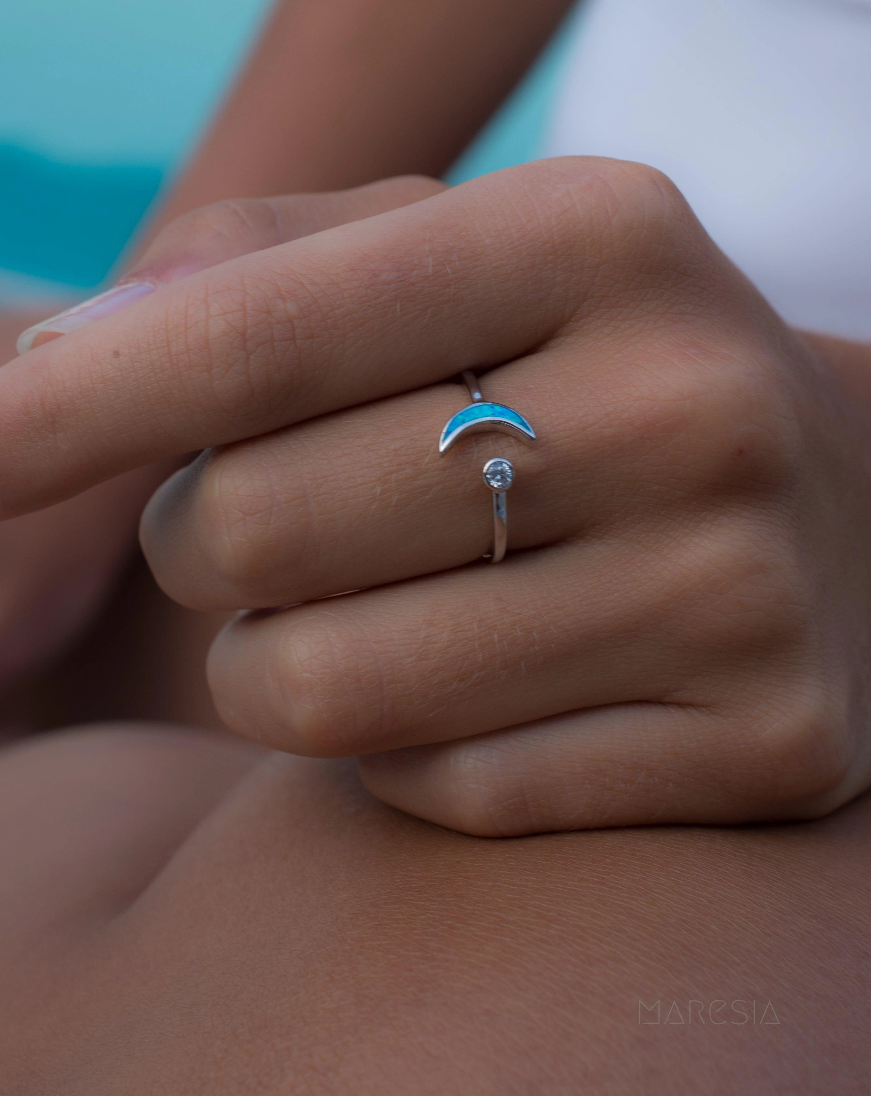 Half Moon & Star Blue Opal Ring ~Sterling Silver 925~ SMR048
