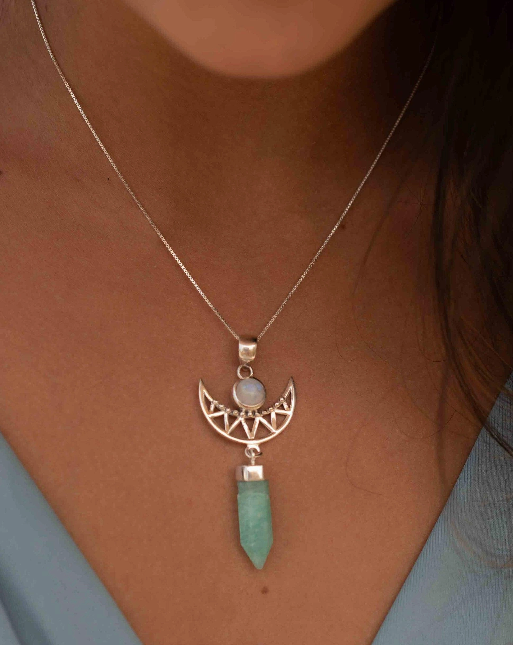 Half moon Pendant ~Moonstone & Amazonite ~ Sterling Silver 925  ~ MN078