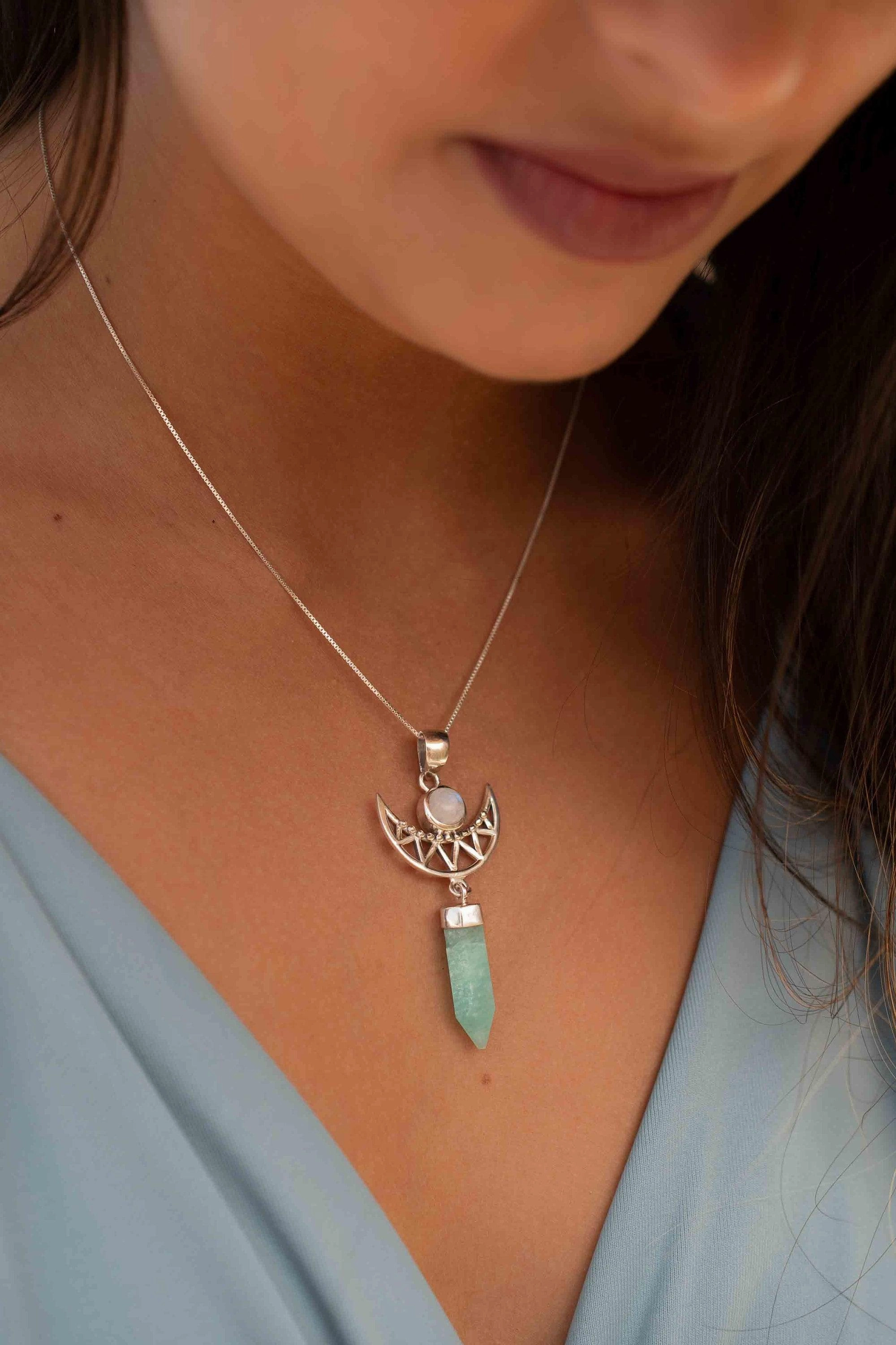 Half moon Pendant ~Moonstone & Amazonite ~ Sterling Silver 925  ~ MN078
