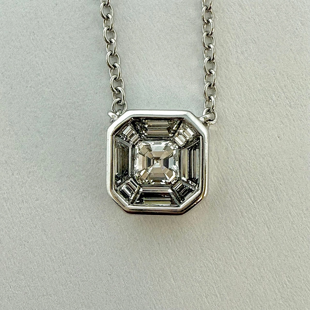 Hasbani 18K White Gold Diamond Pendant Necklace and 6 Bezel Set Diamonds