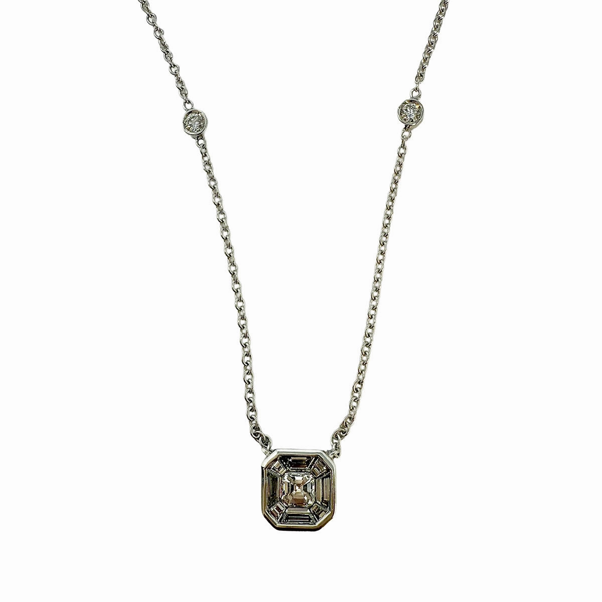 Hasbani 18K White Gold Diamond Pendant Necklace and 6 Bezel Set Diamonds