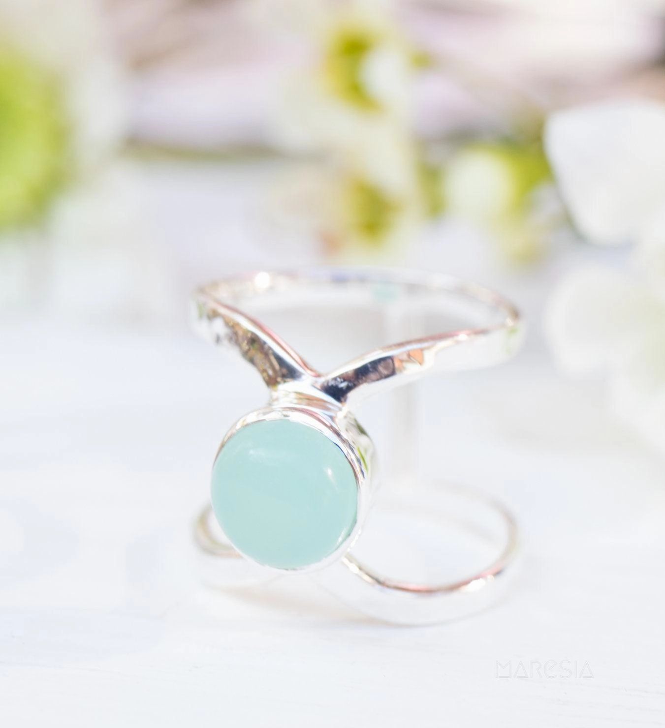Honolulu Double Band Ring ~Aqua Chalcedony  ~Sterling Silver 925 ~ MR181