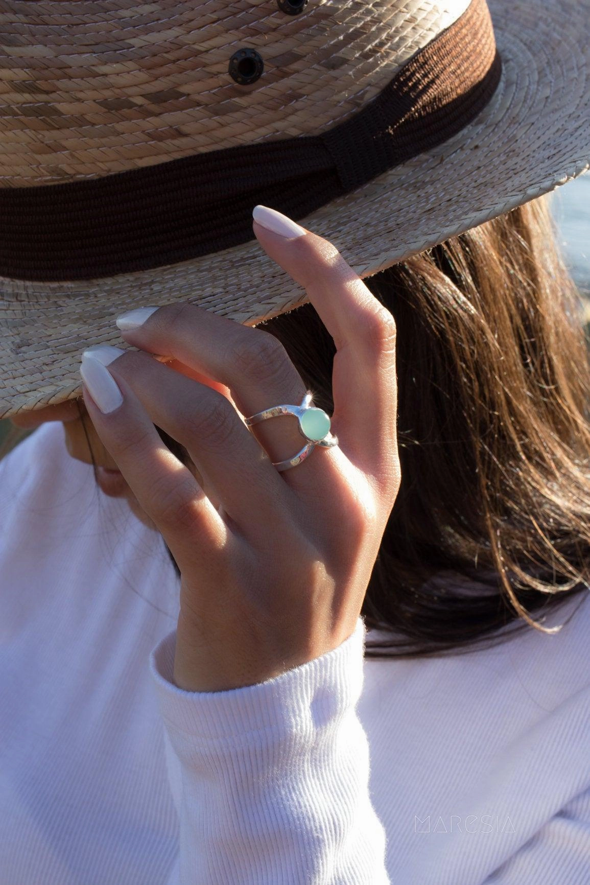 Honolulu Double Band Ring ~Aqua Chalcedony  ~Sterling Silver 925 ~ MR181