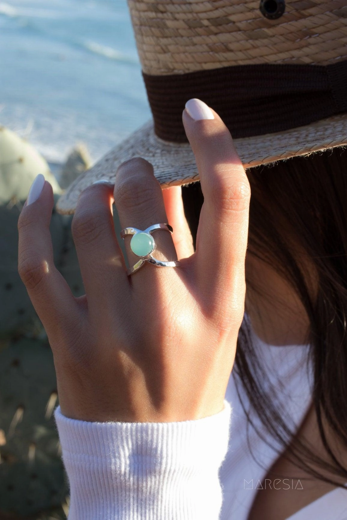 Honolulu Double Band Ring ~Aqua Chalcedony  ~Sterling Silver 925 ~ MR181
