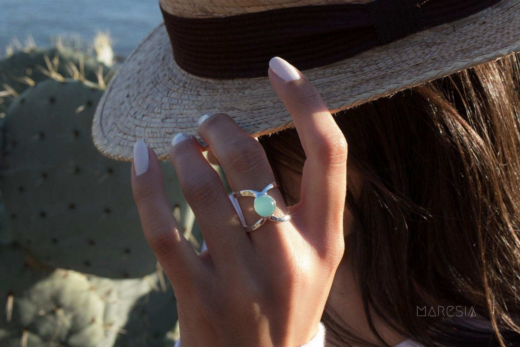 Honolulu Double Band Ring ~Aqua Chalcedony  ~Sterling Silver 925 ~ MR181