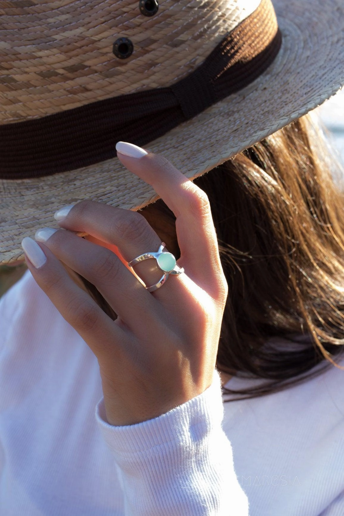 Honolulu Double Band Ring ~Aqua Chalcedony  ~Sterling Silver 925 ~ MR181