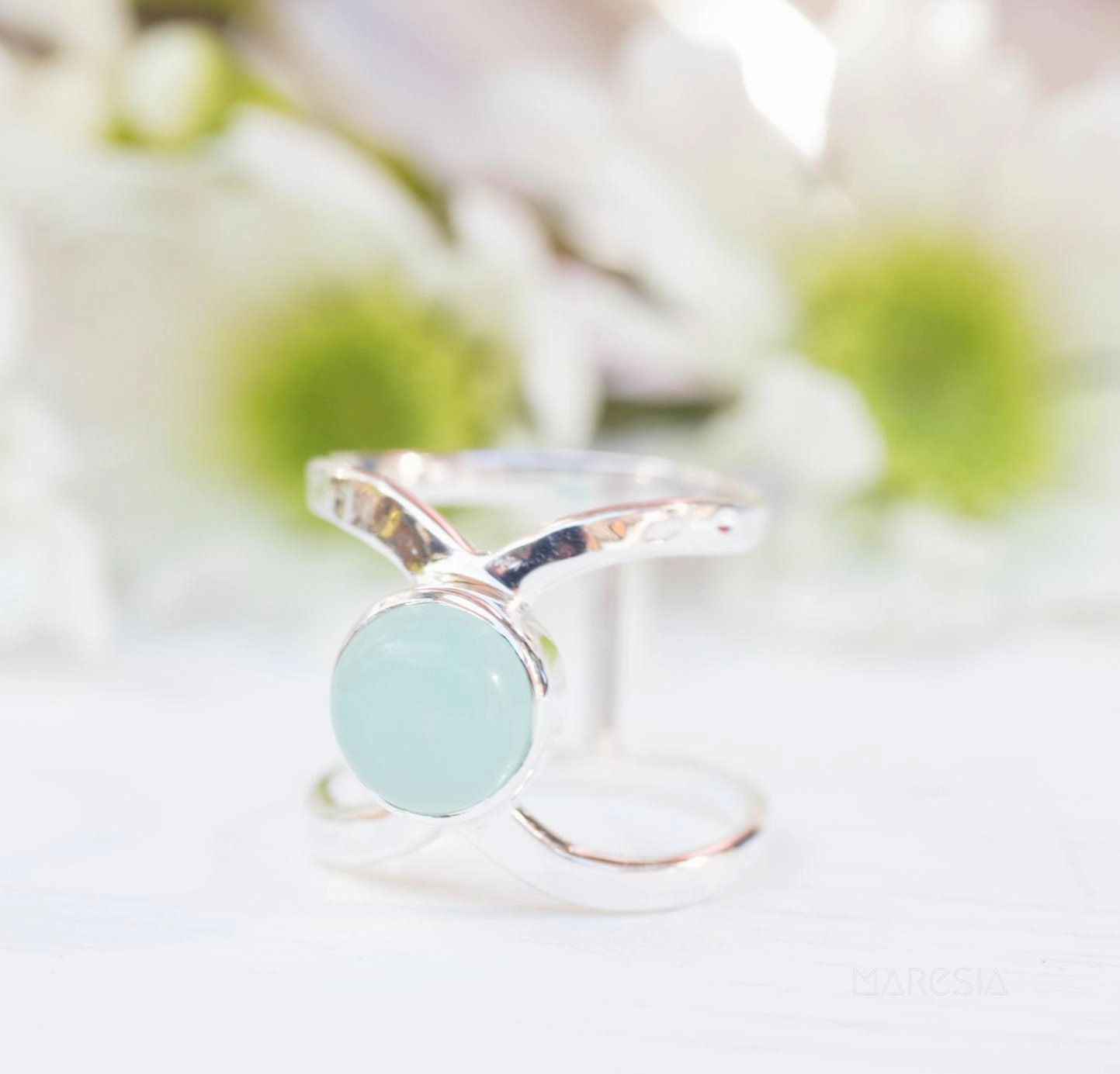 Honolulu Double Band Ring ~Aqua Chalcedony  ~Sterling Silver 925 ~ MR181
