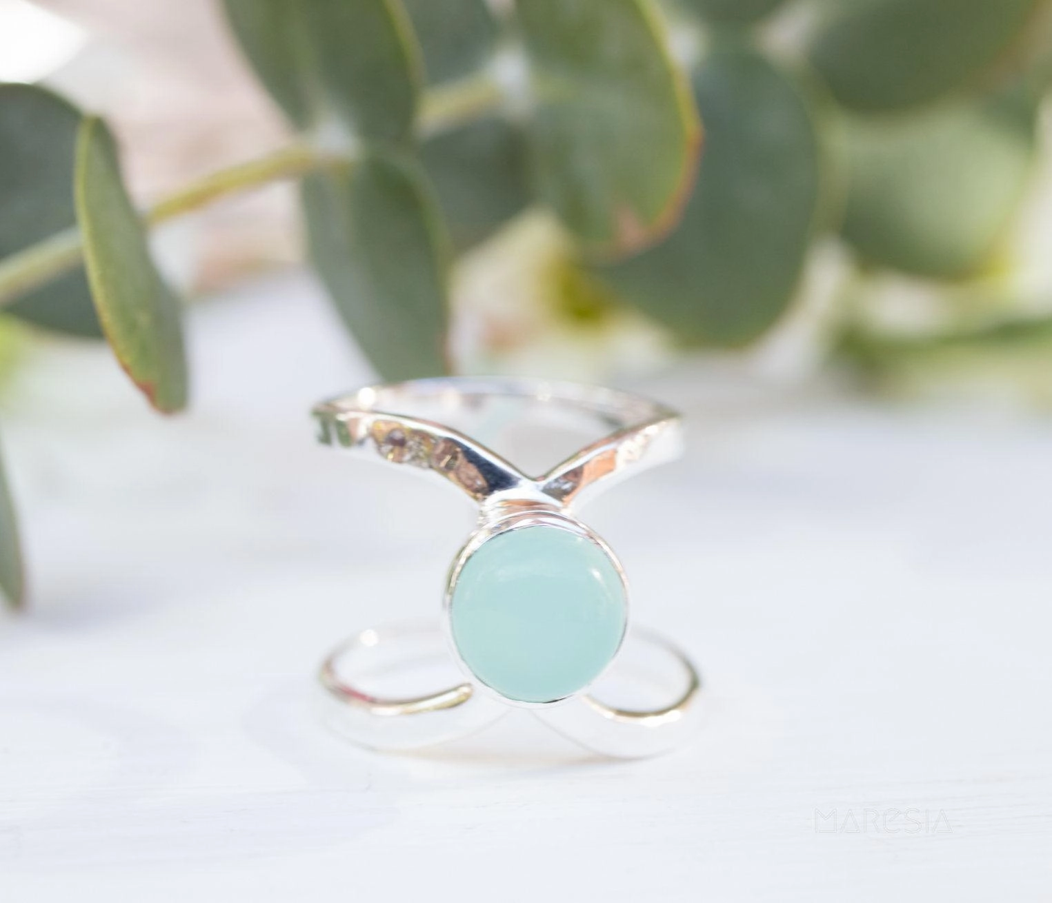 Honolulu Double Band Ring ~Aqua Chalcedony  ~Sterling Silver 925 ~ MR181