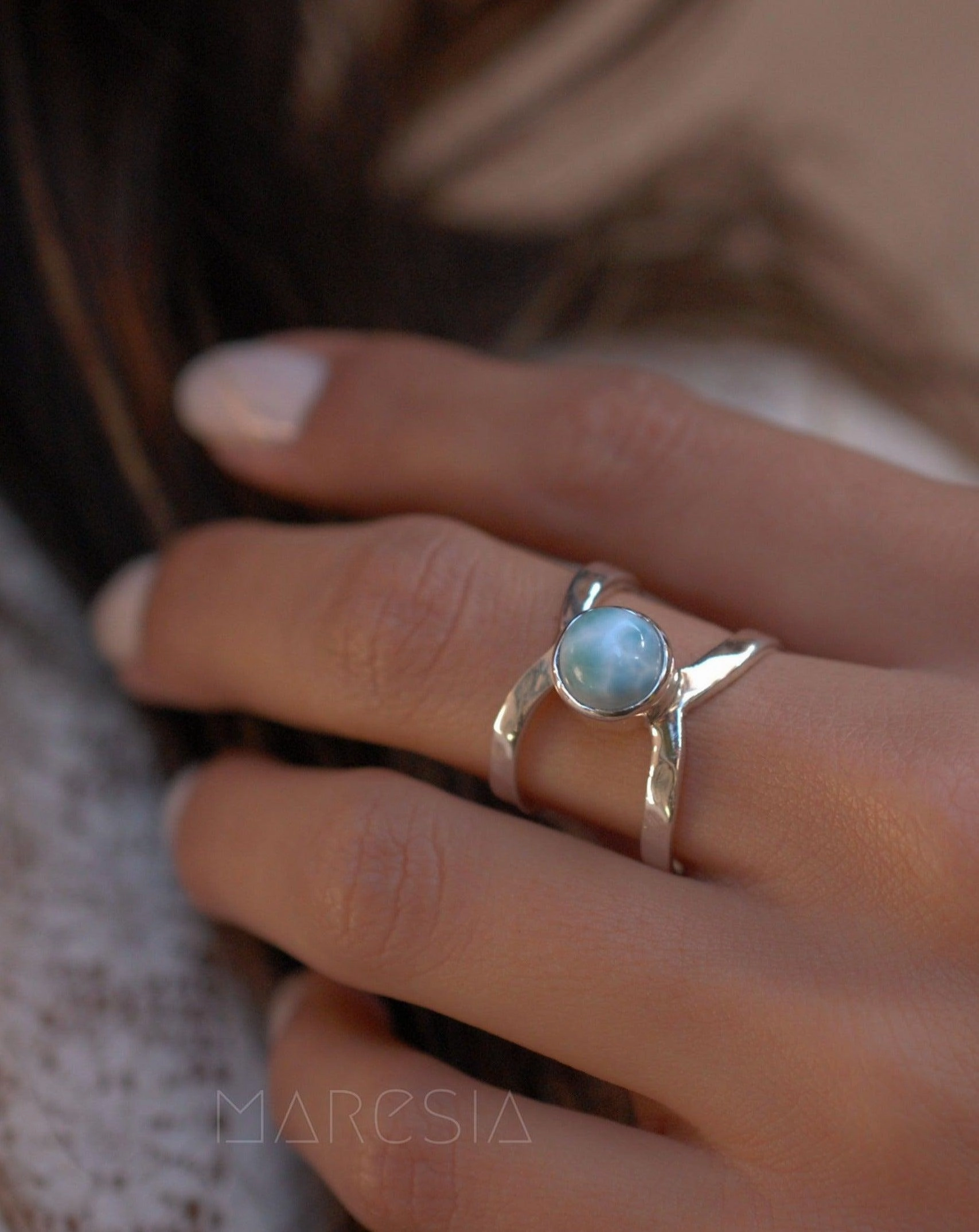 Honolulu Double Band Ring ~Larimar ~ Sterling Silver 925 ~ MR007
