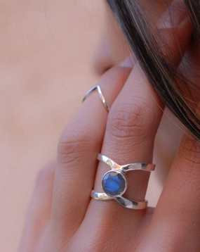 Honolulu Double Band Ring ~Rainbow Labradorite ~ Sterling Silver 925 ~  MR004