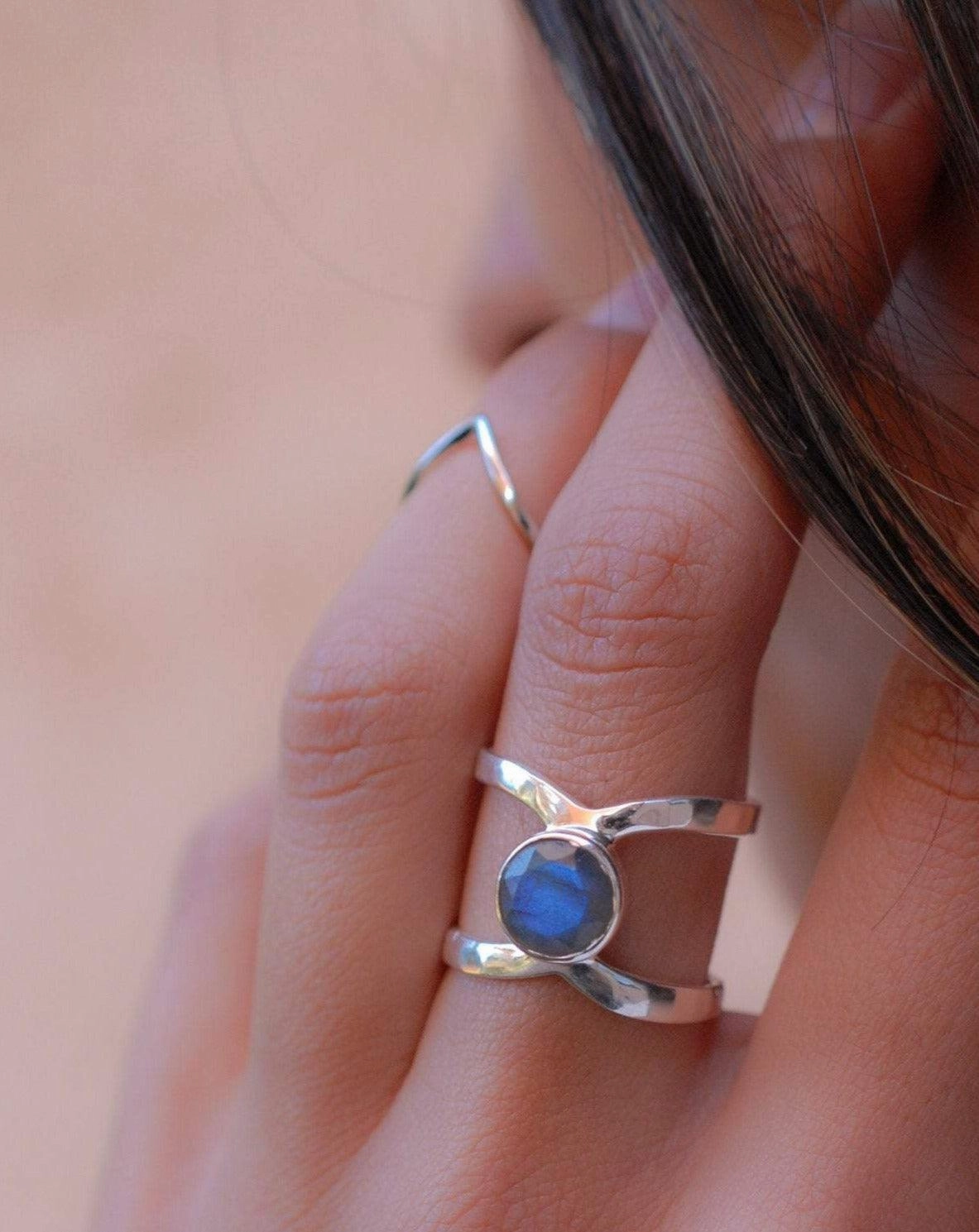 Honolulu Double Band Ring ~Rainbow Labradorite ~ Sterling Silver 925 ~  MR004