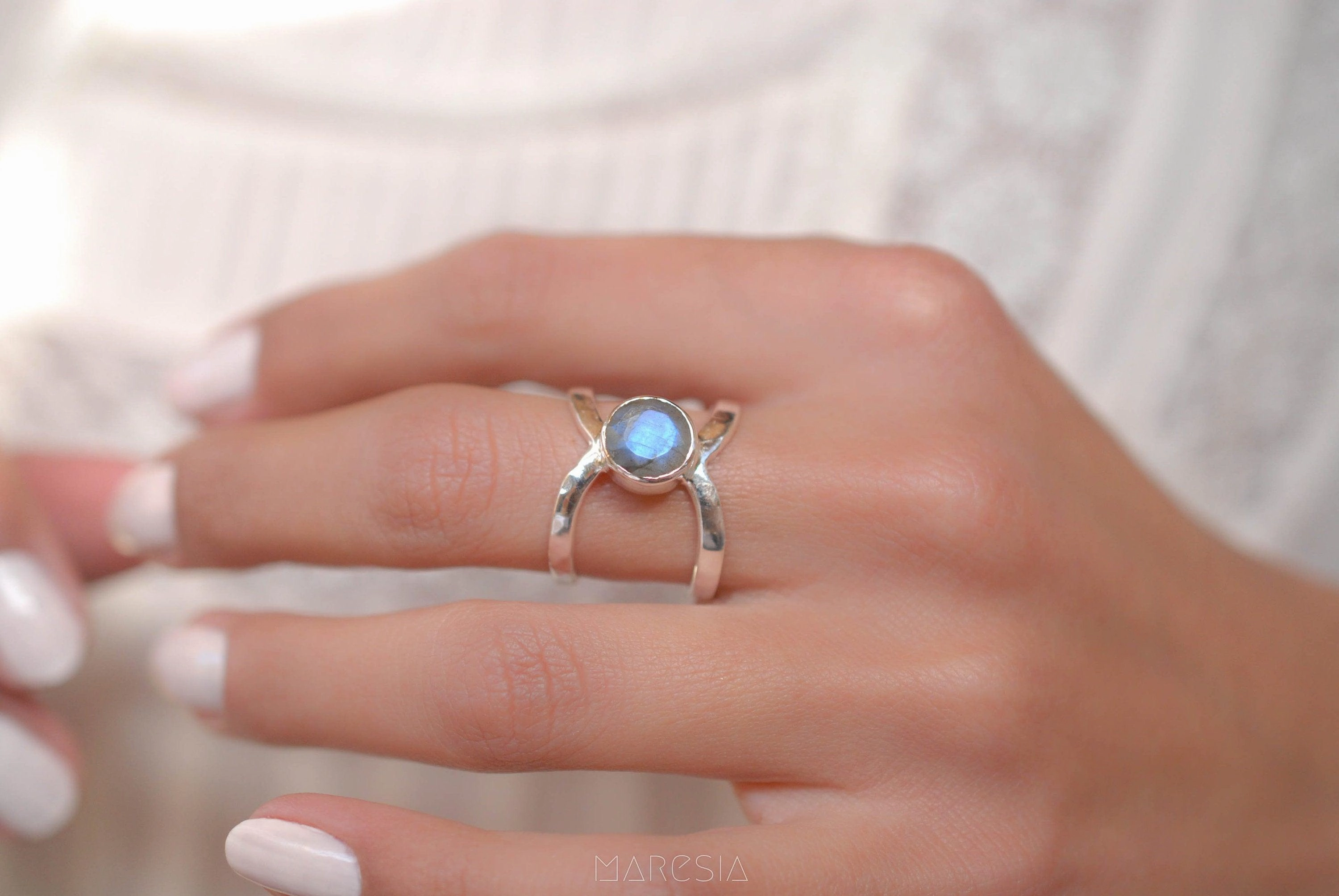 Honolulu Double Band Ring ~Rainbow Labradorite ~ Sterling Silver 925 ~  MR004