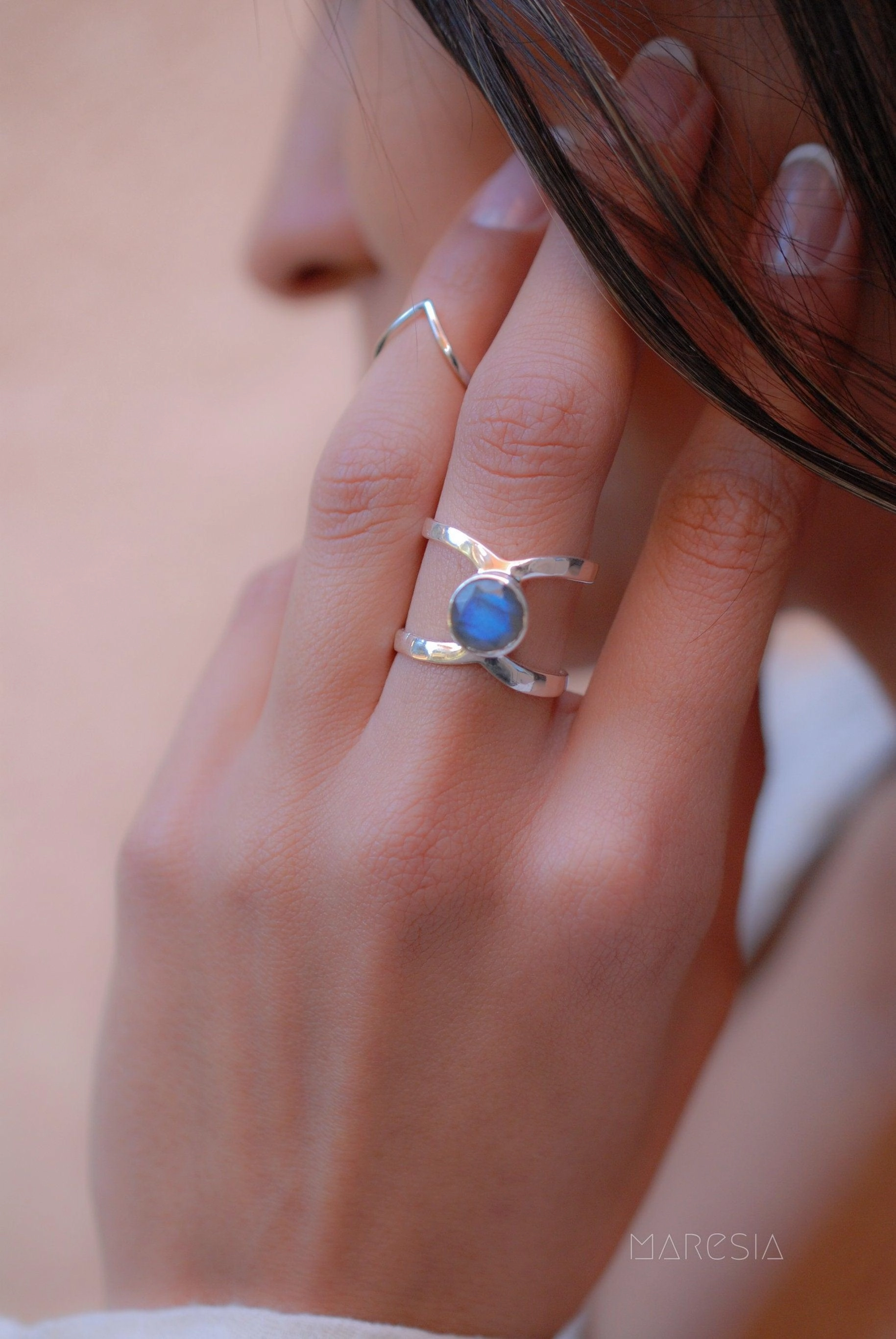 Honolulu Double Band Ring ~Rainbow Labradorite ~ Sterling Silver 925 ~  MR004