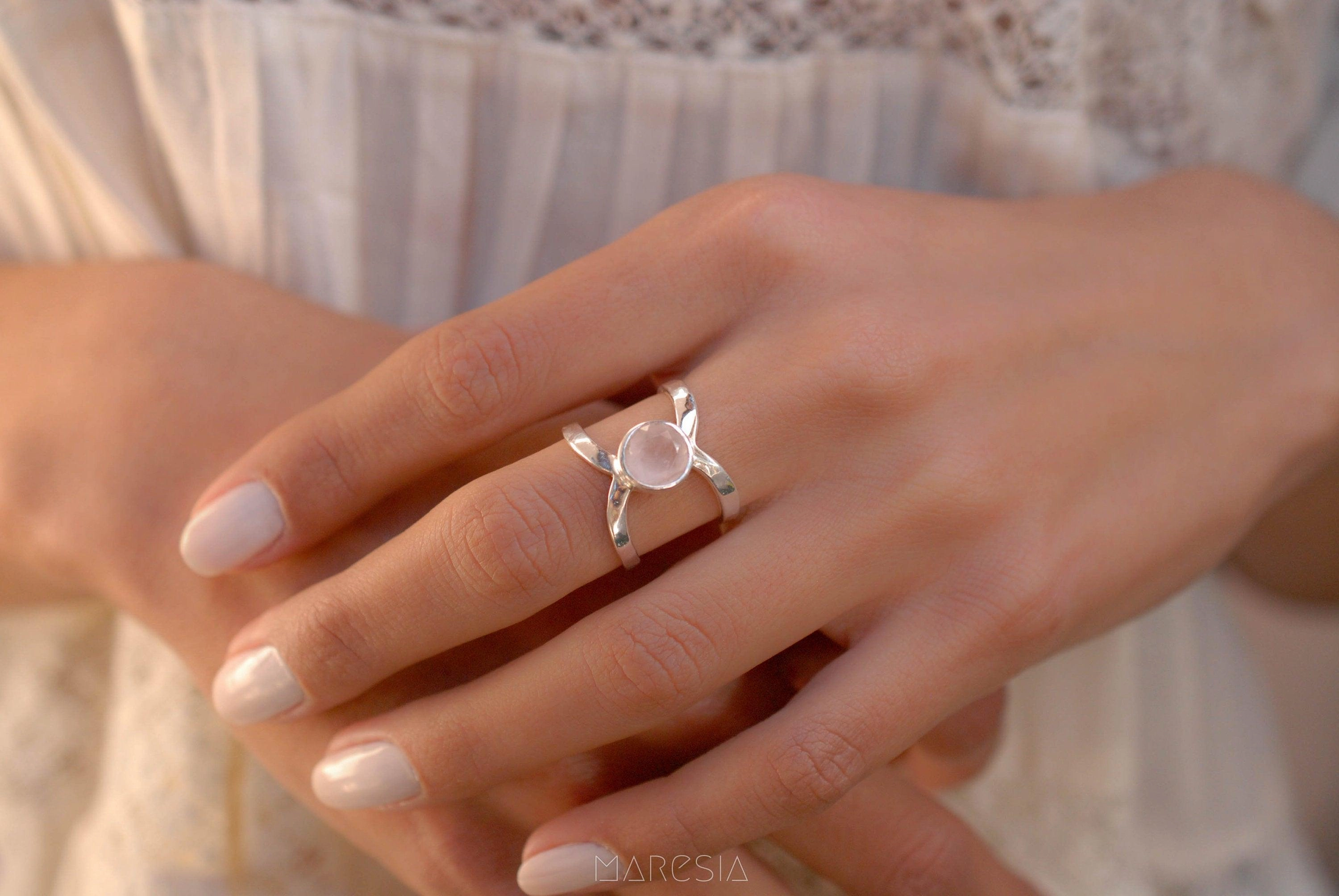 Honolulu Double Band Ring ~Rose Quartz ~Sterling Silver 925 ~ MR005