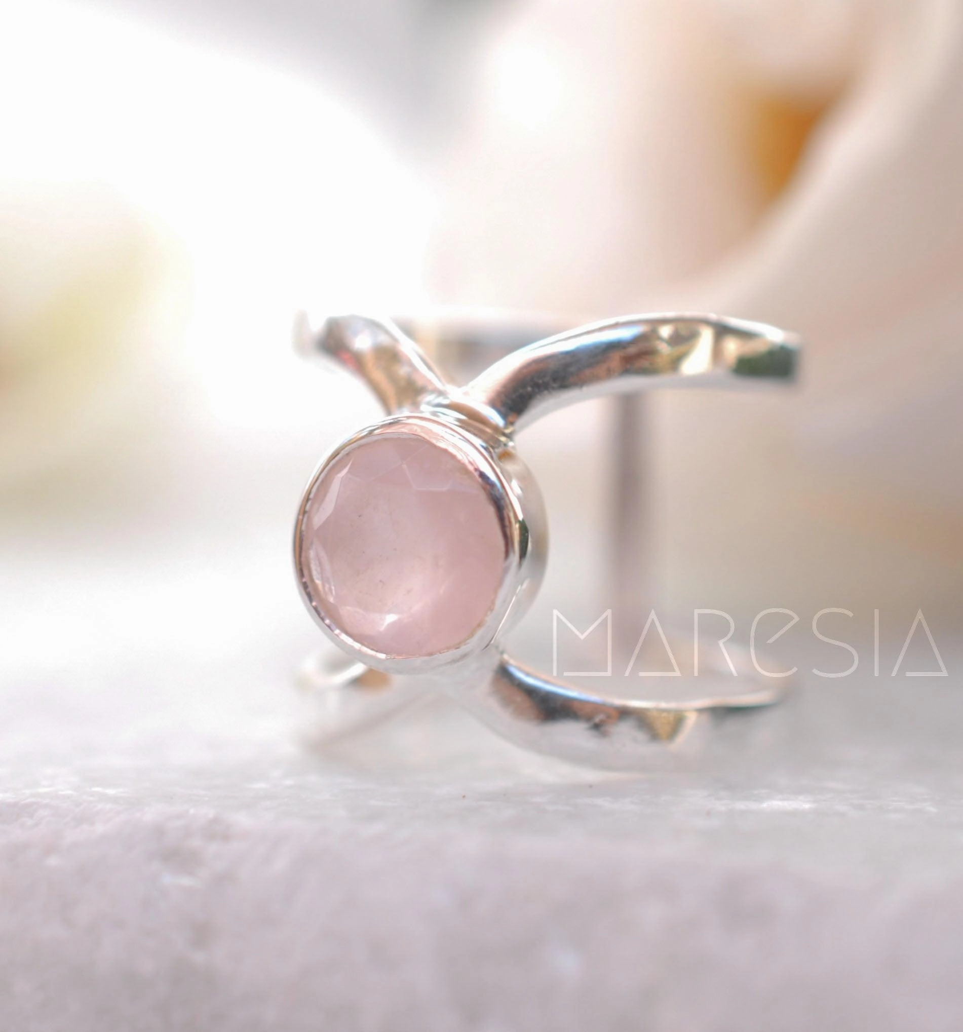 Honolulu Double Band Ring ~Rose Quartz ~Sterling Silver 925 ~ MR005