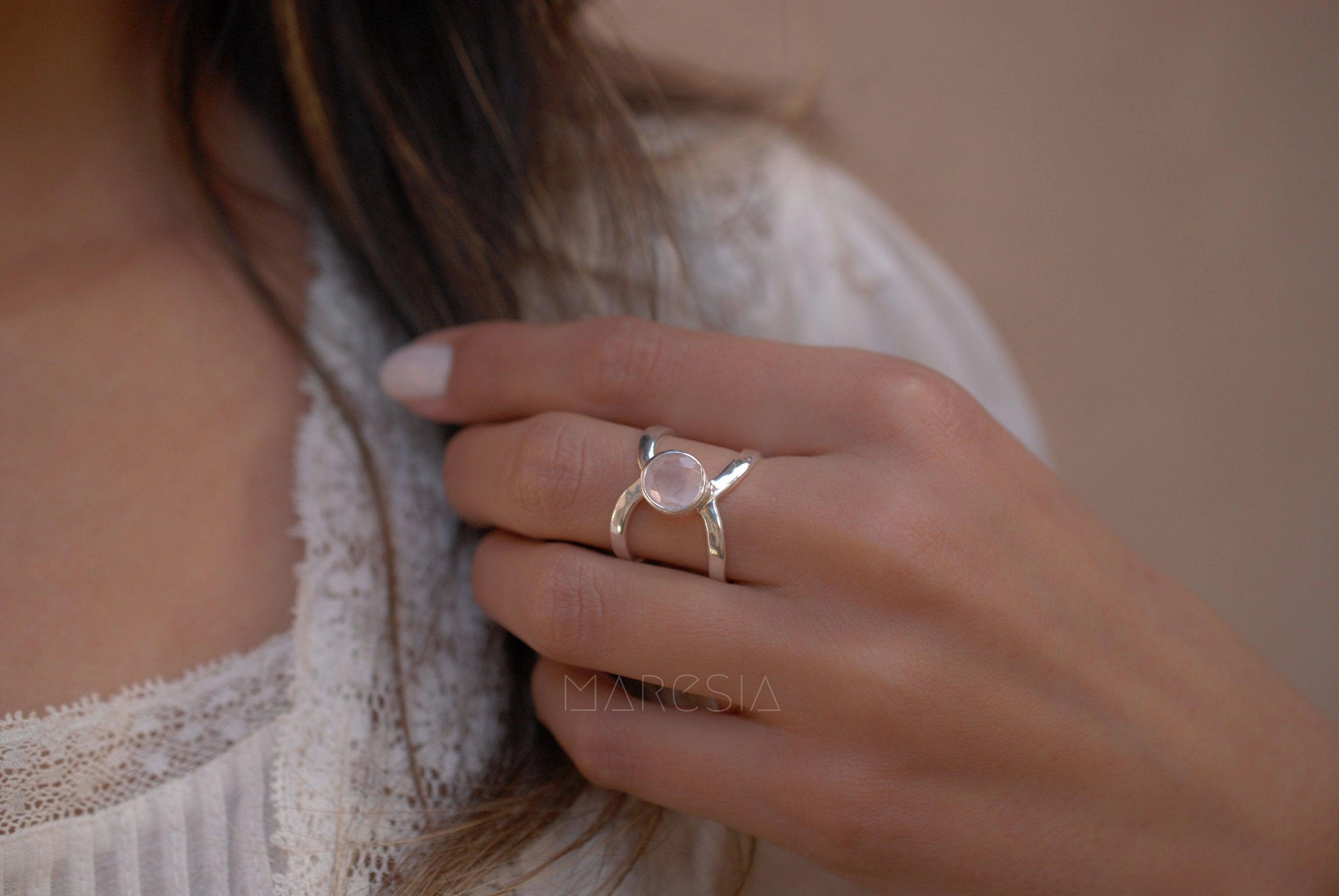 Honolulu Double Band Ring ~Rose Quartz ~Sterling Silver 925 ~ MR005