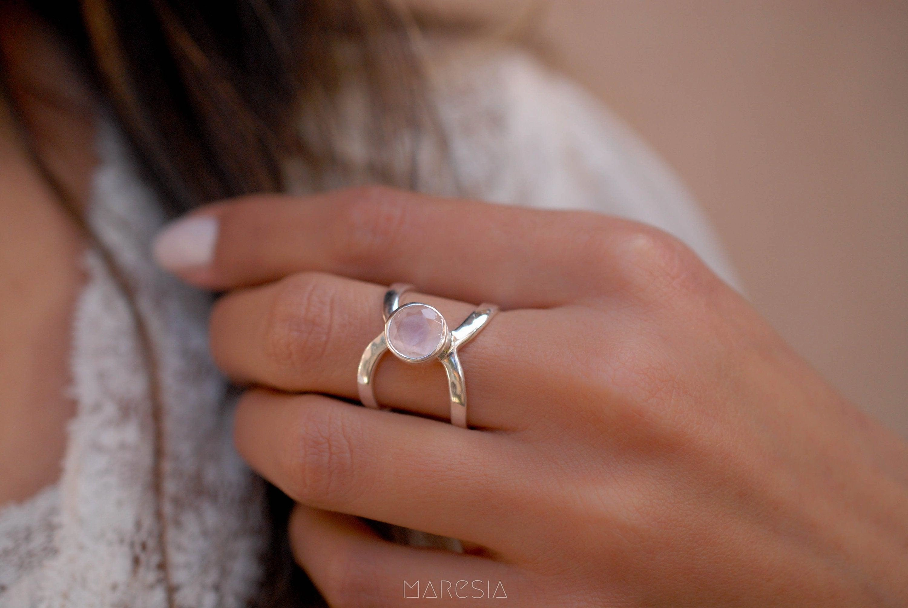 Honolulu Double Band Ring ~Rose Quartz ~Sterling Silver 925 ~ MR005