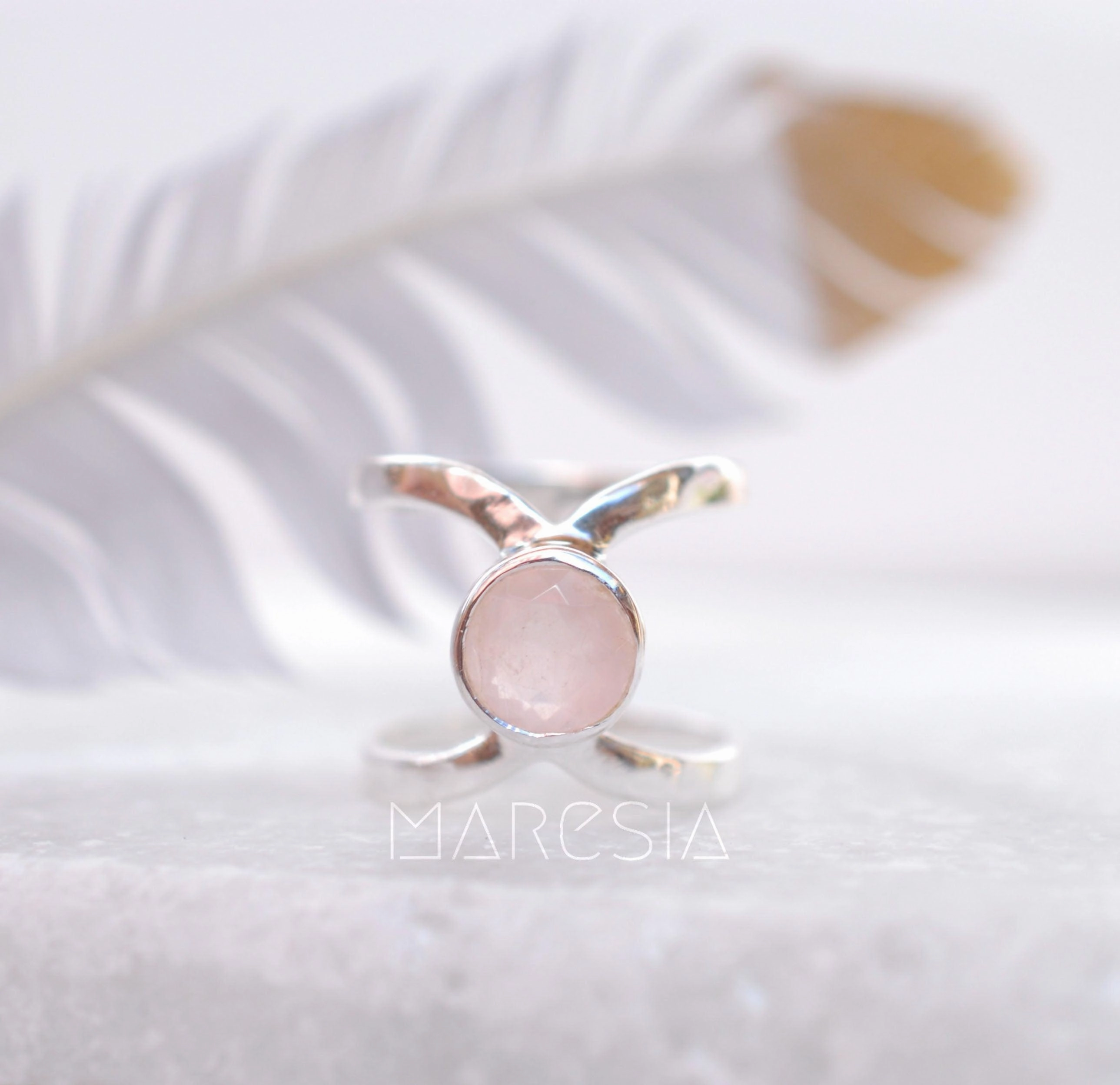 Honolulu Double Band Ring ~Rose Quartz ~Sterling Silver 925 ~ MR005