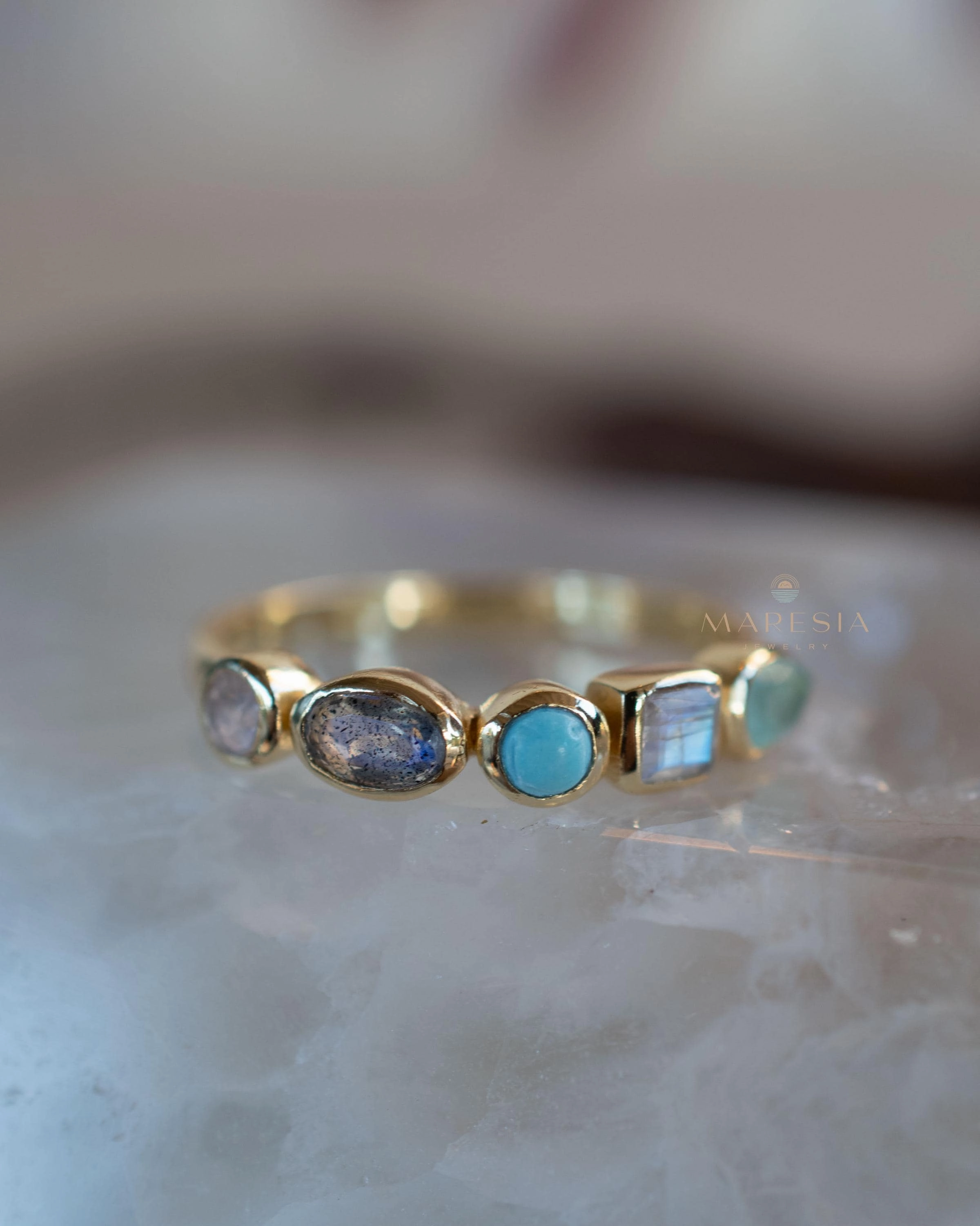 Indira Aqua Chalcedony, Moonstone, Turquoise, Labradorite and Rose quartz Ring ~ 18k Gold Plated ~ MR362