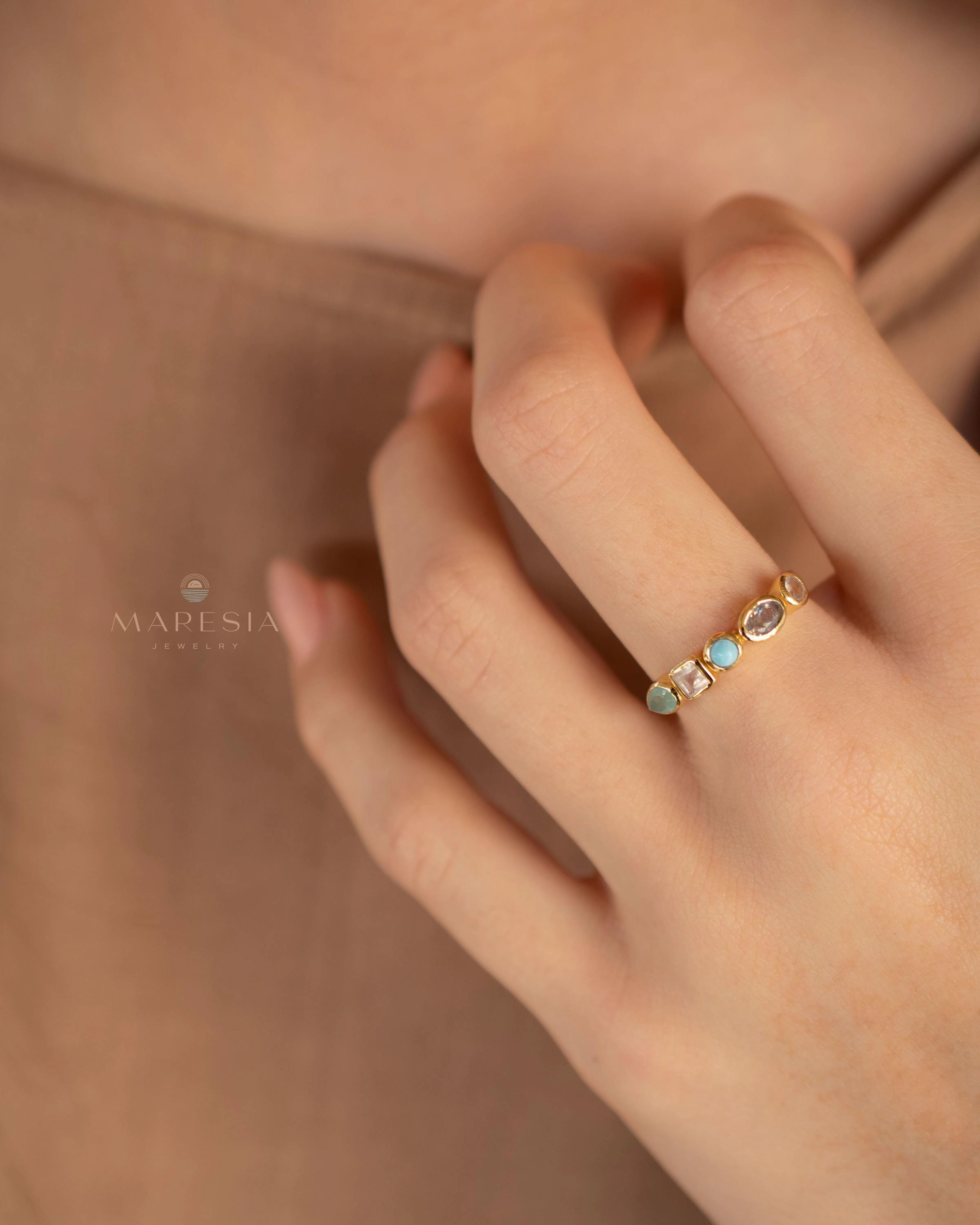 Indira Aqua Chalcedony, Moonstone, Turquoise, Labradorite and Rose quartz Ring ~ 18k Gold Plated ~ MR362