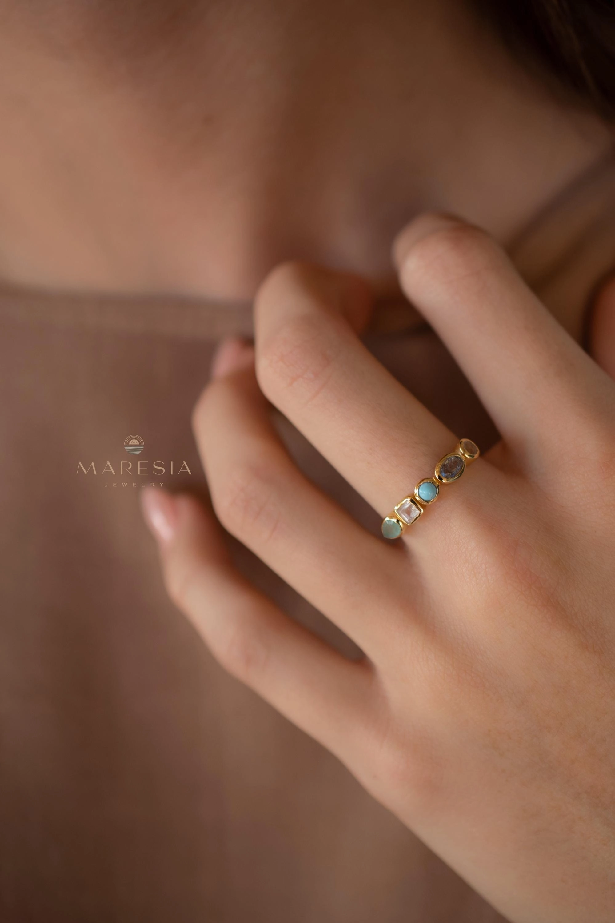 Indira Aqua Chalcedony, Moonstone, Turquoise, Labradorite and Rose quartz Ring ~ 18k Gold Plated ~ MR362