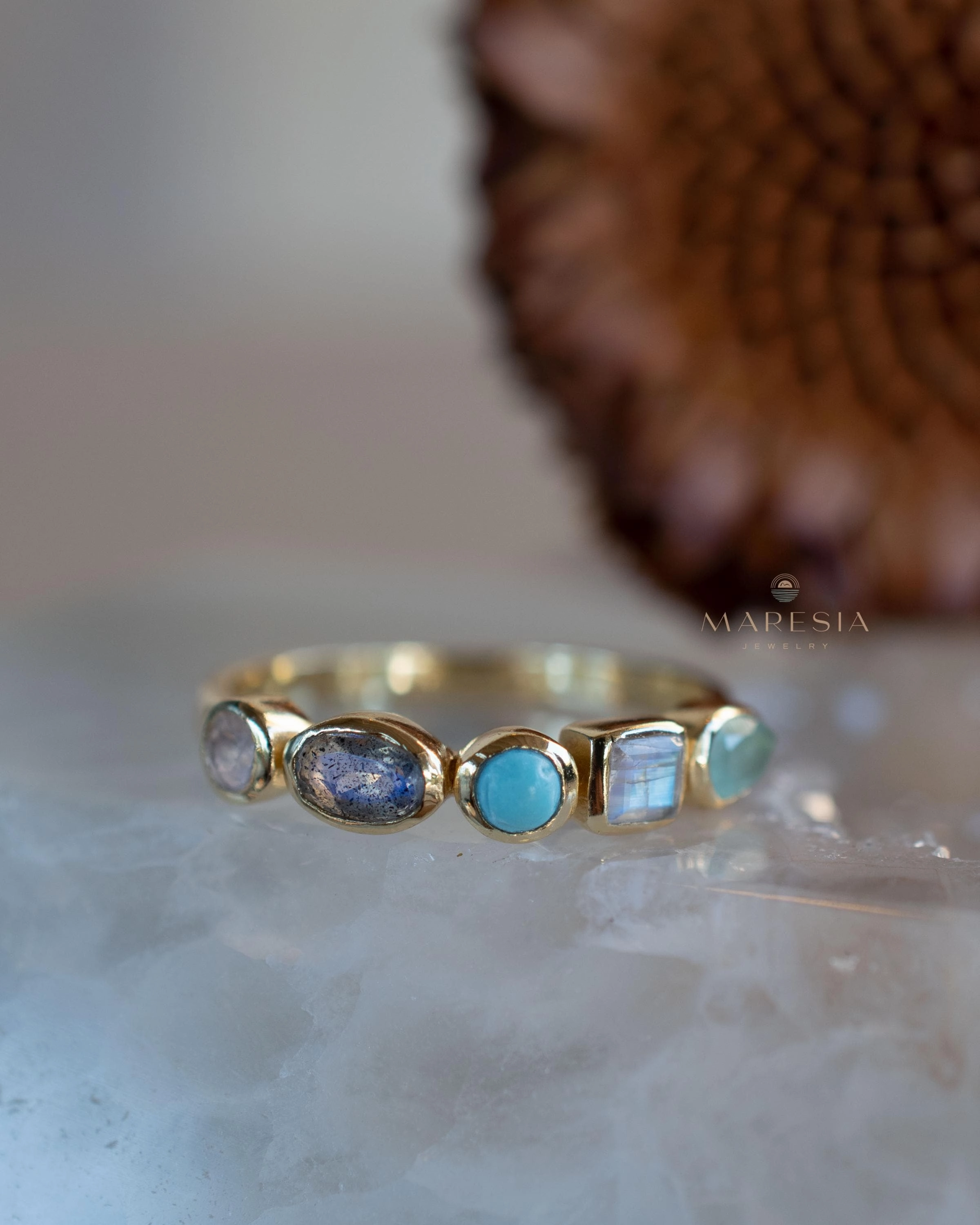 Indira Aqua Chalcedony, Moonstone, Turquoise, Labradorite and Rose quartz Ring ~ 18k Gold Plated ~ MR362