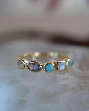 Indira Aqua Chalcedony, Moonstone, Turquoise, Labradorite and Rose quartz Ring ~ 18k Gold Plated ~ MR362