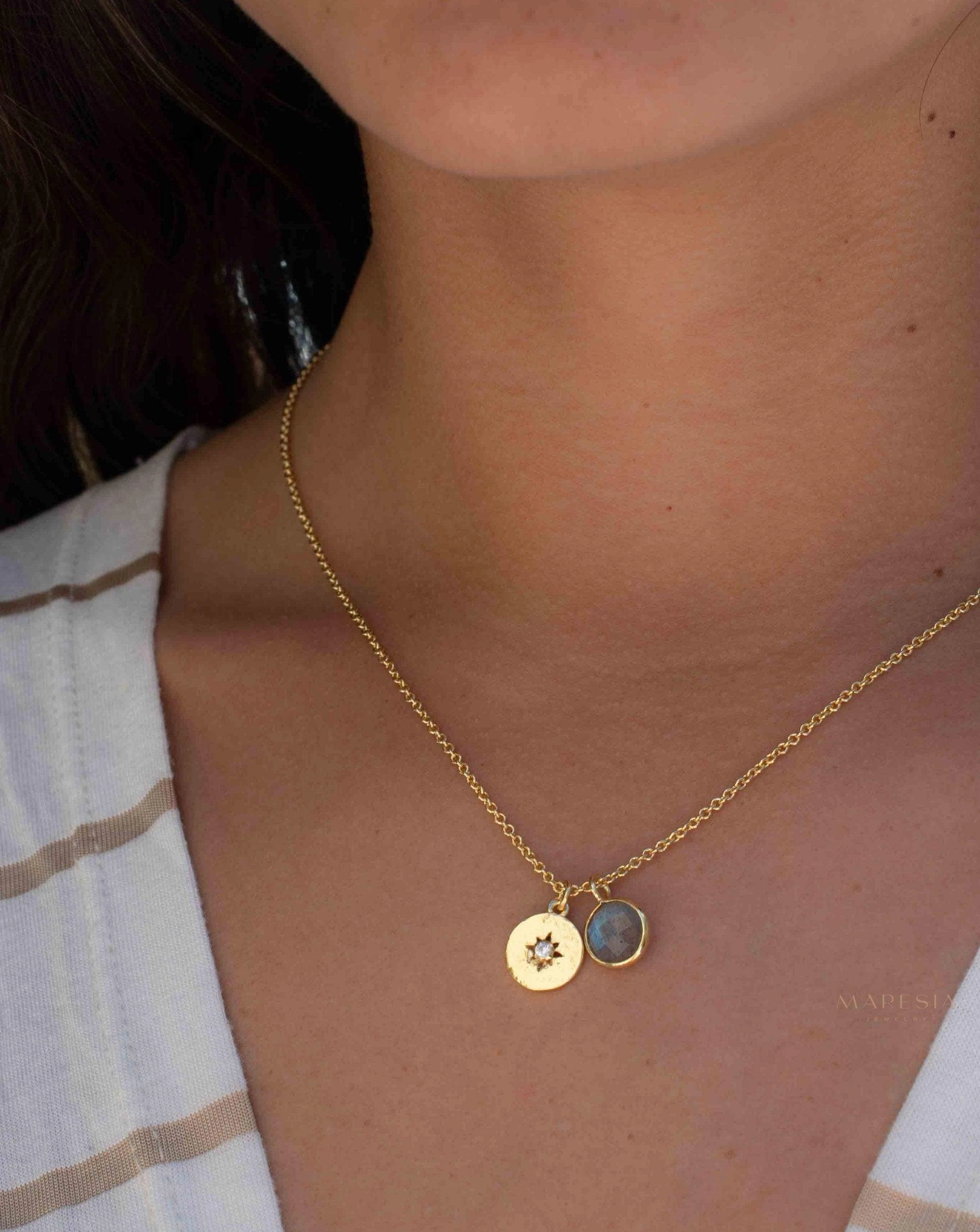 Iolite hydro, Aqua Chalcedony or Labradorite & CZ Necklace ~ Gold Plated 18k ~ MN125