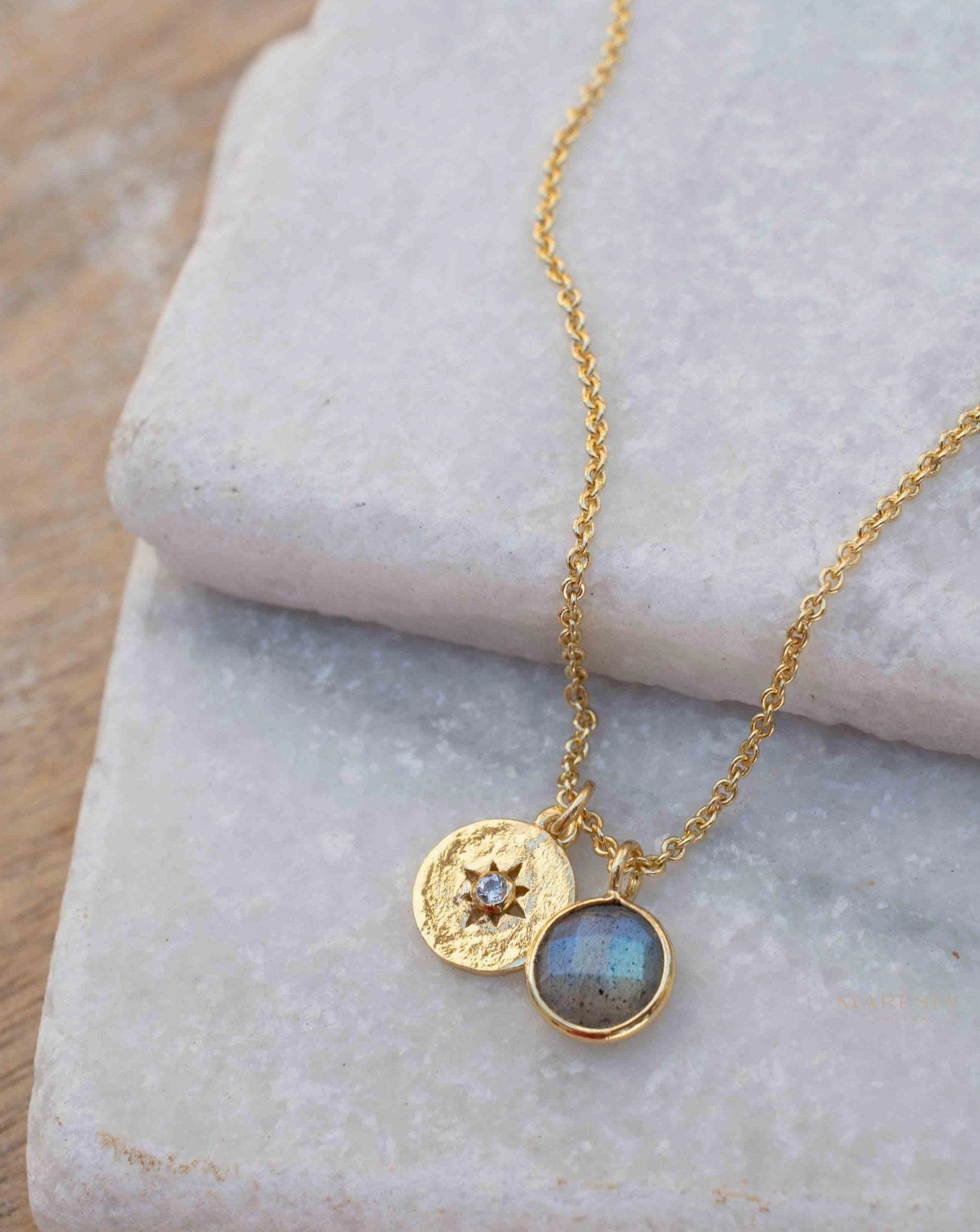 Iolite hydro, Aqua Chalcedony or Labradorite & CZ Necklace ~ Gold Plated 18k ~ MN126