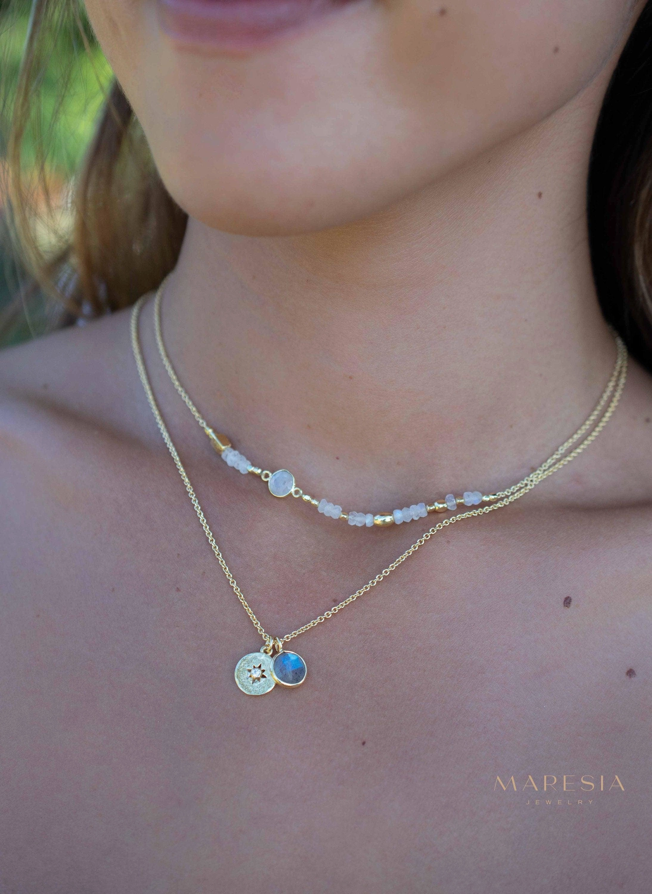 Iolite hydro, Aqua Chalcedony or Labradorite & CZ Necklace ~ Gold Plated 18k ~ MN126