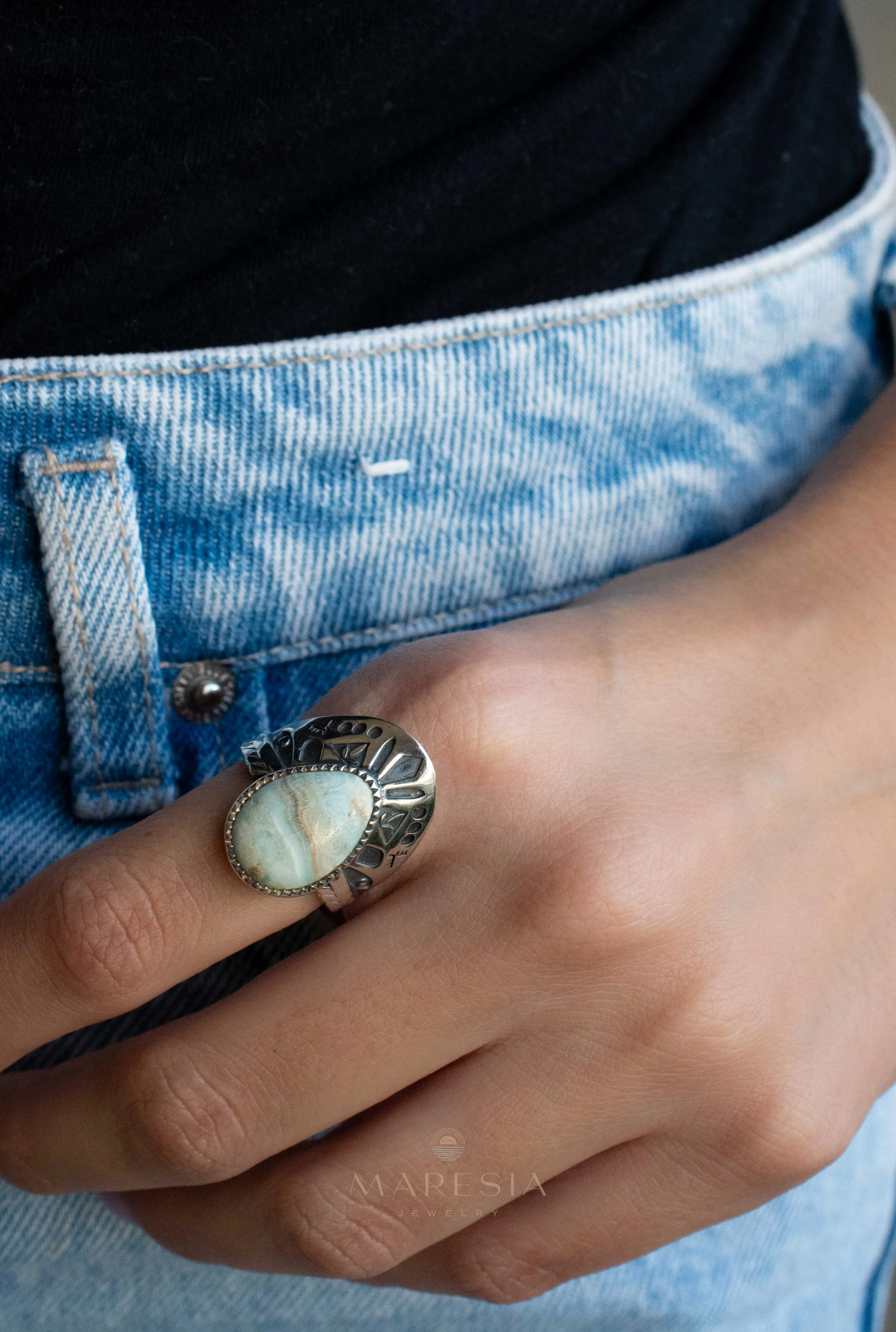 Jand Ring ~ Blue Aragonite ~ Sterling Silver 925 ~ SMR173