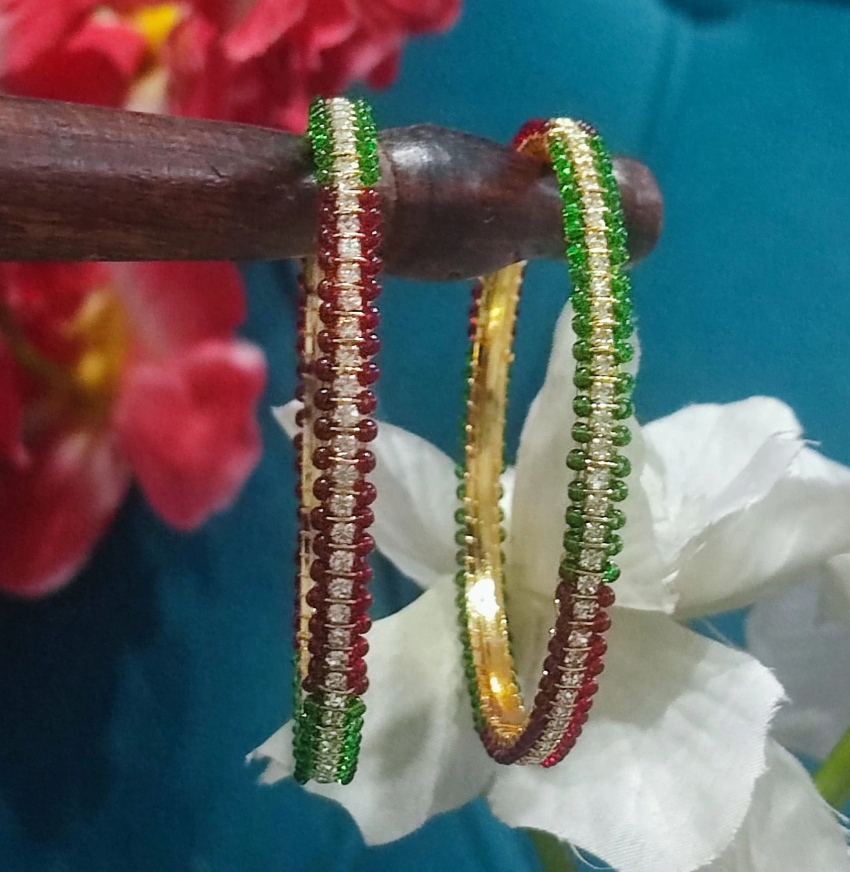 Jazz And Sizzle Set Of 2 Gold Plated CZ Studded & Pearl Beaded Bangles