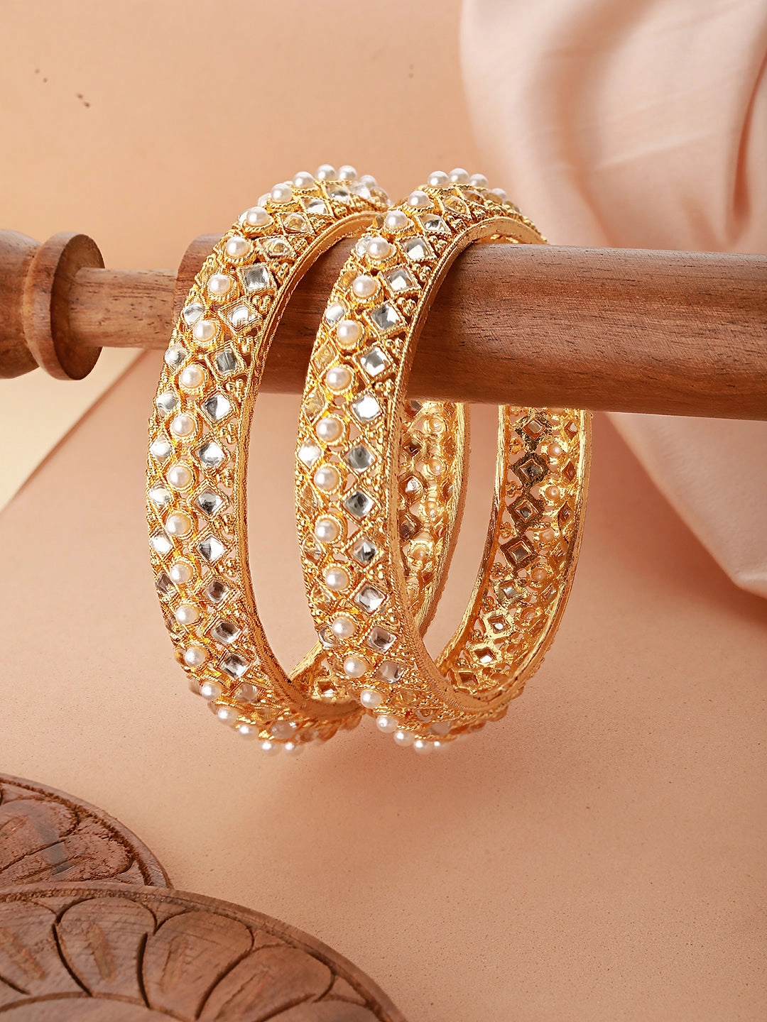 Jazz And Sizzle Set Of 2 Gold-Plated Red Pearl Beaded Handcrafted Bangles