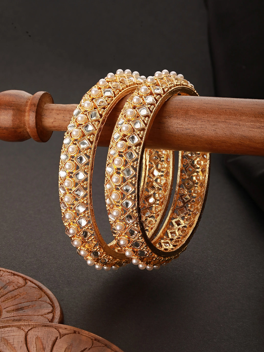 Jazz And Sizzle Set Of 2 Gold-Plated Red Pearl Beaded Handcrafted Bangles