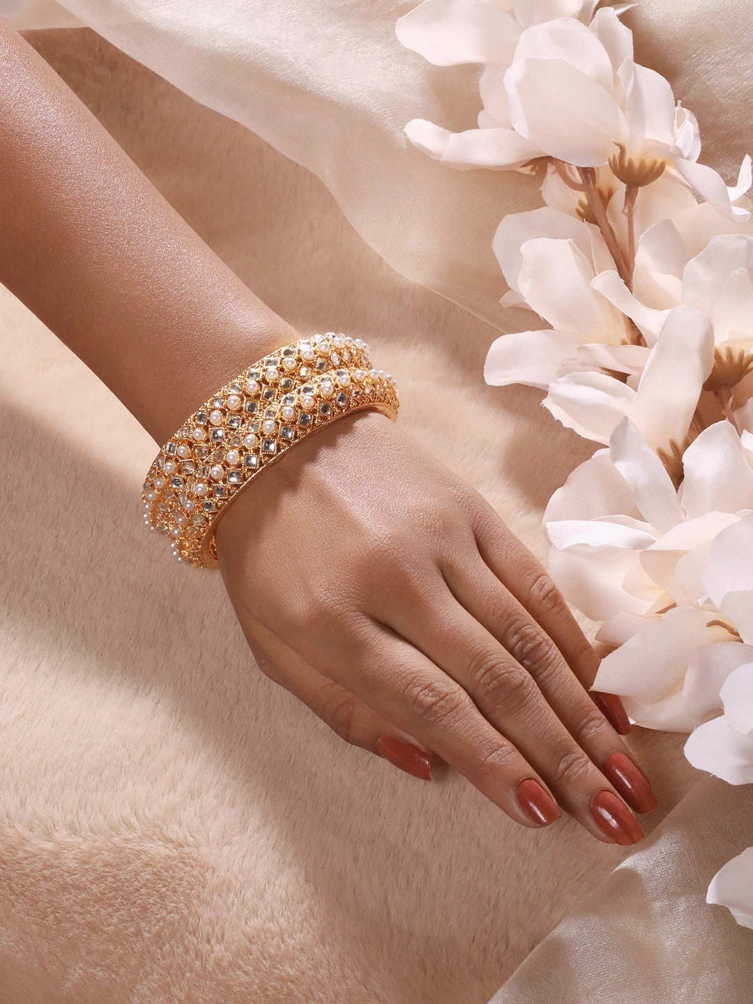 Jazz And Sizzle Set Of 2 Gold-Plated Red Pearl Beaded Handcrafted Bangles