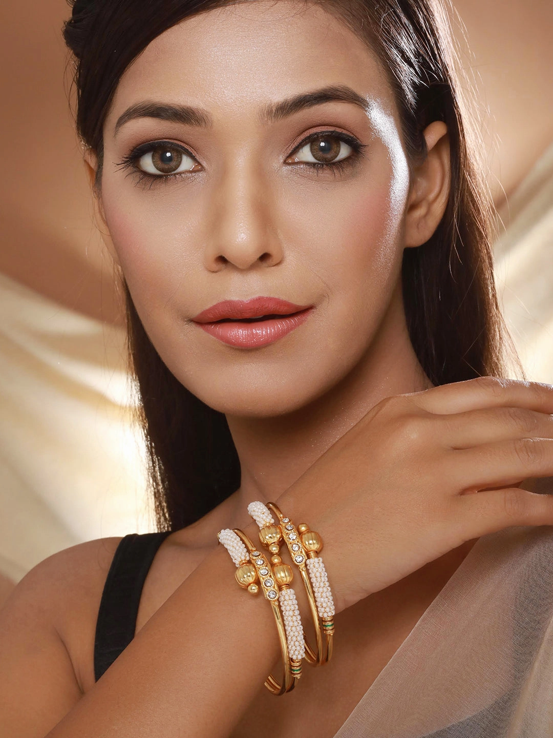 Jazz And Sizzle Set Of 2 Gold-Plated Red Pearl Beaded Handcrafted Bangles