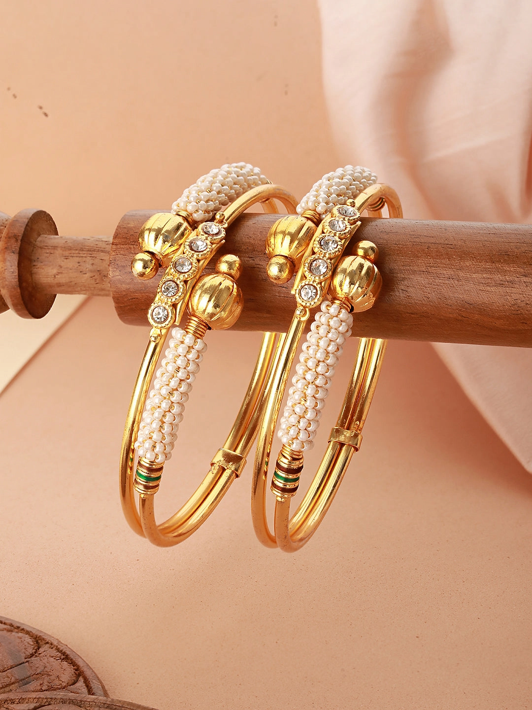 Jazz And Sizzle Set Of 2 Gold-Plated Red Pearl Beaded Handcrafted Bangles